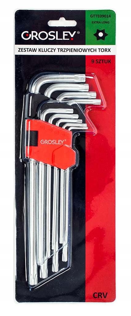 GROSLEY ZESTAW KLUCZY TRZPIENIOWYCH TORX EXTRA DŁUGICH - 9 SZT CLIP GR54009