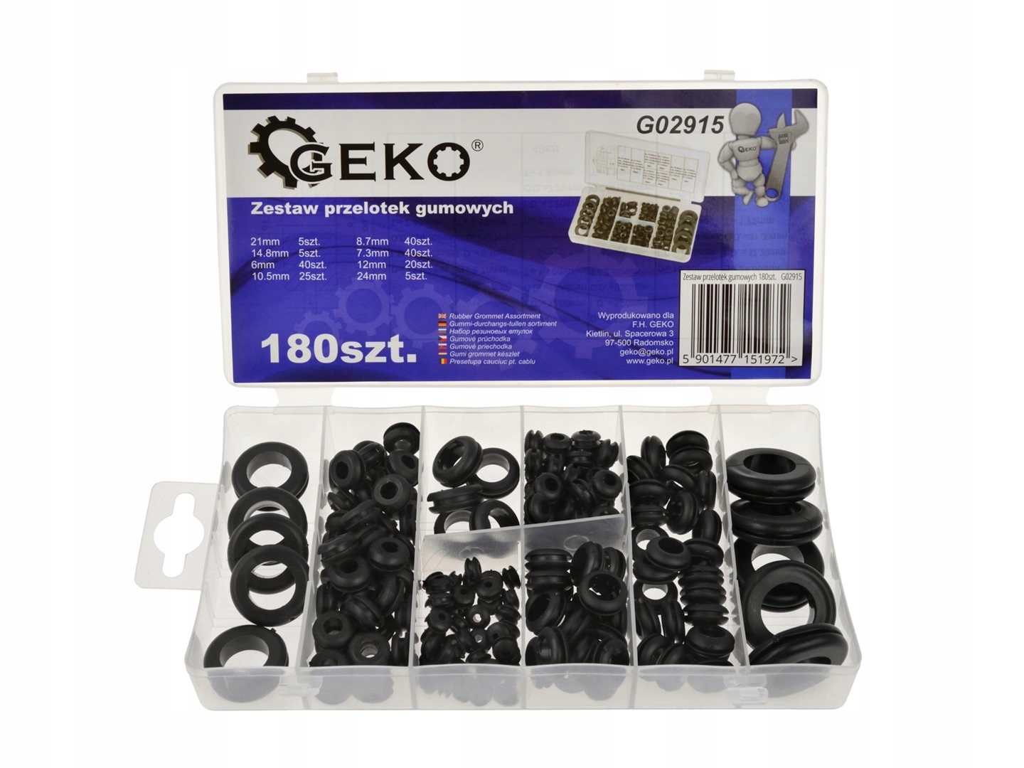 GEKO PRZELOTKI GUMOWE ZESTAW PRZELOTEK GUMOWYCH 180 SZTUK ORGANIZER G02915