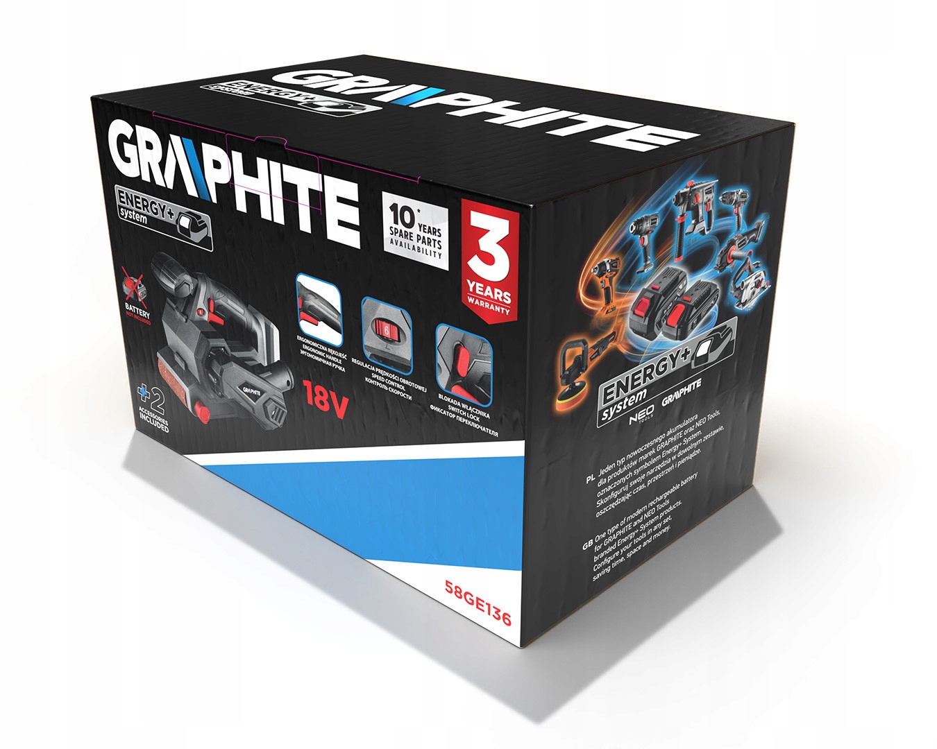 GRAPHITE SZLIFIERKA TAŚMOWA AKU ENERGY+ 18V + 2Ah