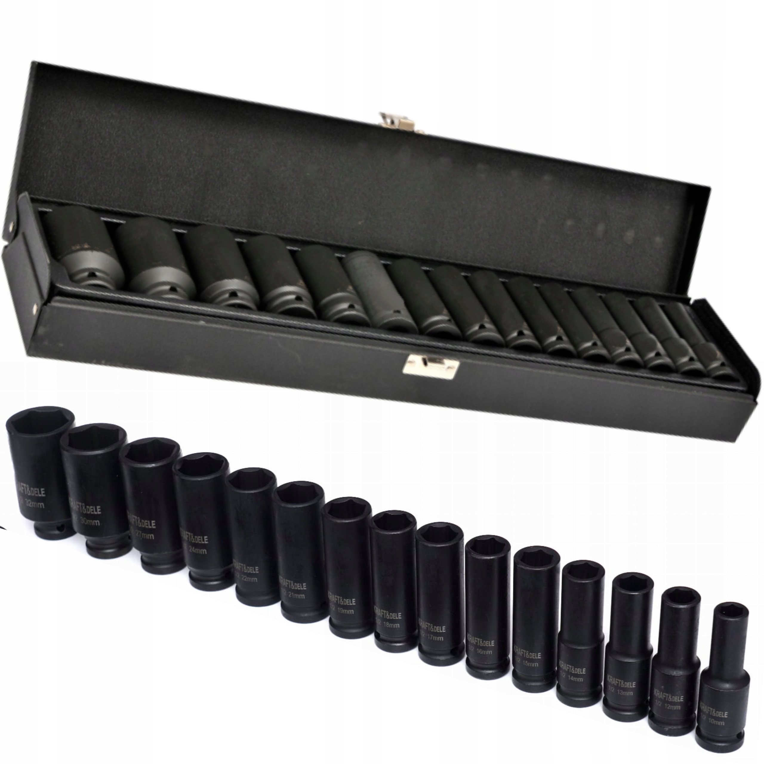 NASADKI UDAROWE1/2" KLUCZE NASADOWE 10-32MM 15szt DO WARSZTATU DŁUGIE KRAFT