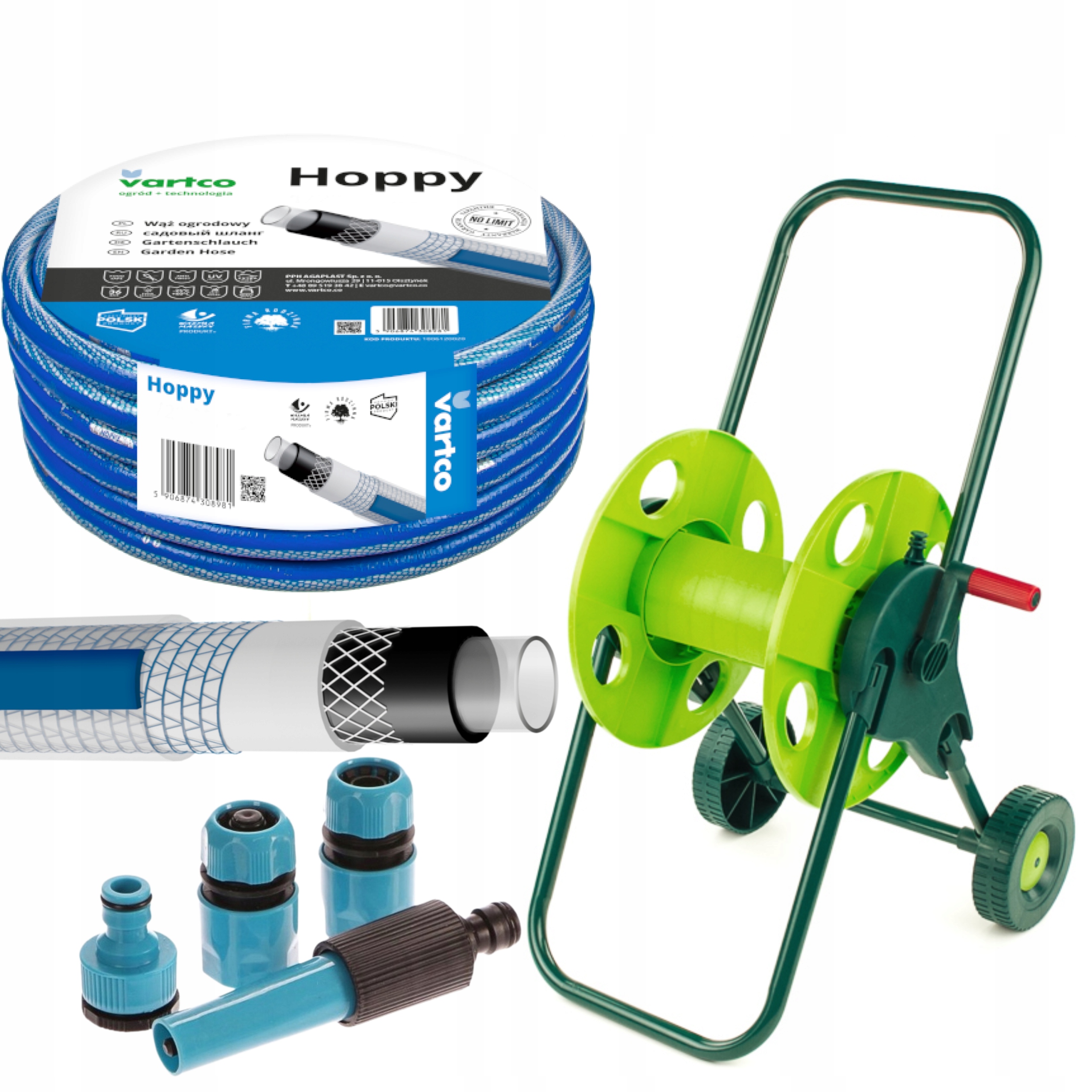 WÓZEK + WĄŻ OGRODOWY 6-WARSTWOWY 1/2 50M + ZESTAW KOŃCÓWEK PRODUKT POLSKI