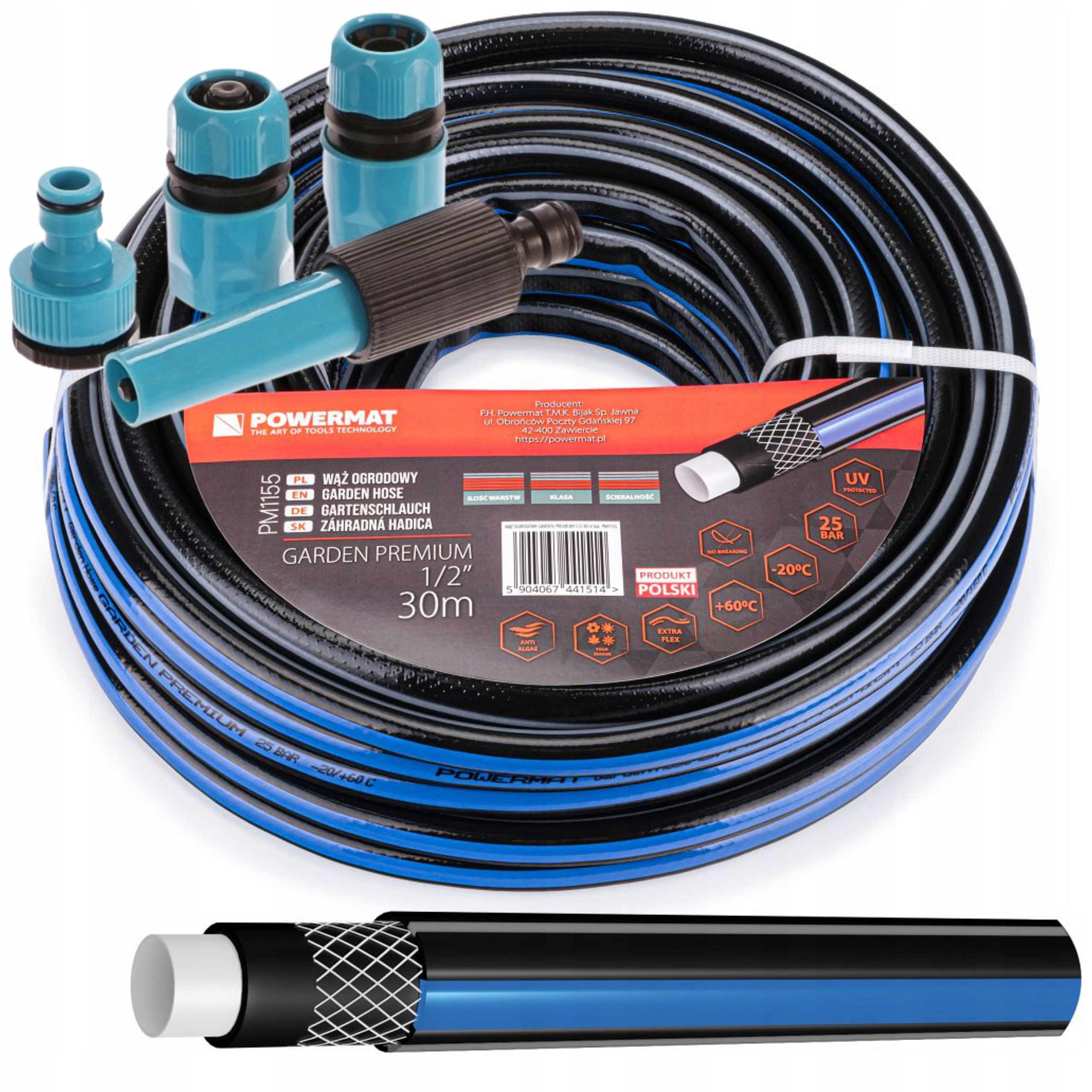 POWERMAT WĄŻ OGRODOWY GARDEN PREMIUM 4 WARSTWOWY 25 BAR 1/2" 30M +ZŁĄCZKI