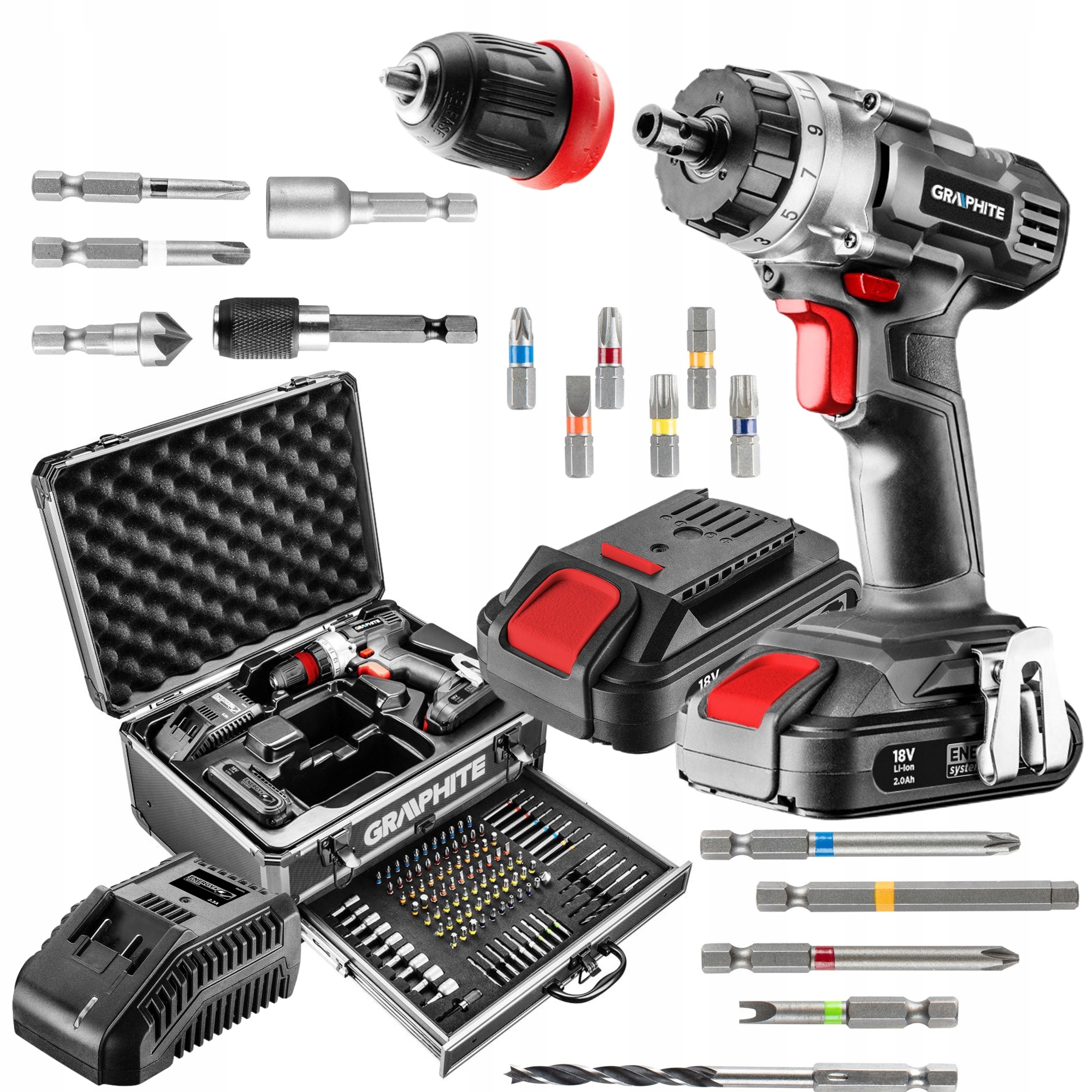 GRAPHITE ZESTAW WIERTARKO WKRĘTARKA 2x2ah 18V 10mm UCHWYT +109el WALIZKA