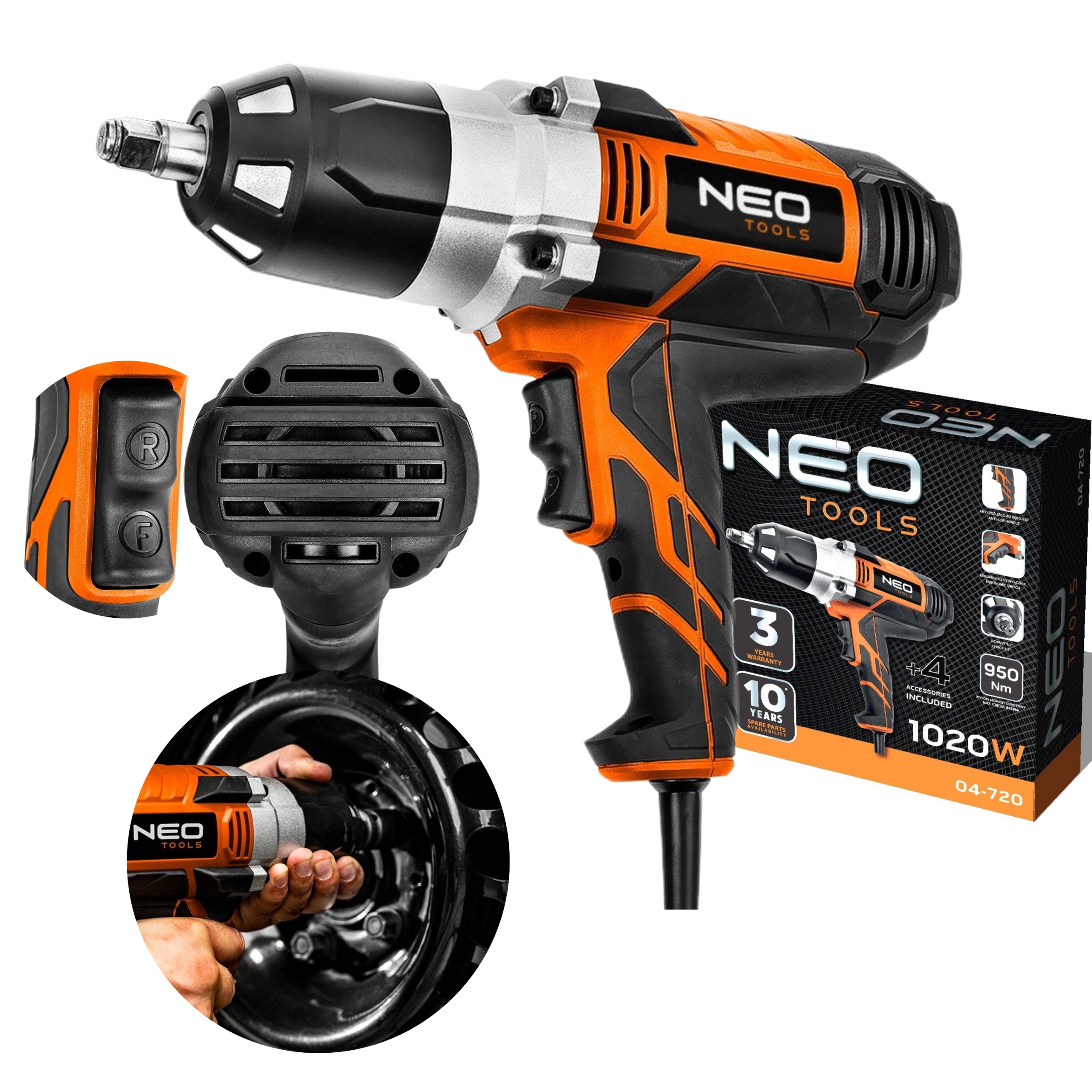 NEO KLUCZ UDAROWY ELEKTRYCZNY 1020W 950Nm 1/2" 04-720 2 BIEGI + 4 NASADKI