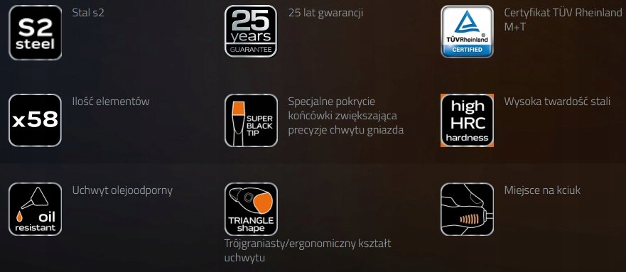 NEO ZESTAW WKRĘTAKI WYKRĘTAKI I KOŃCÓWKI BITY TORX KRZYŻAK 58 szt 04-211