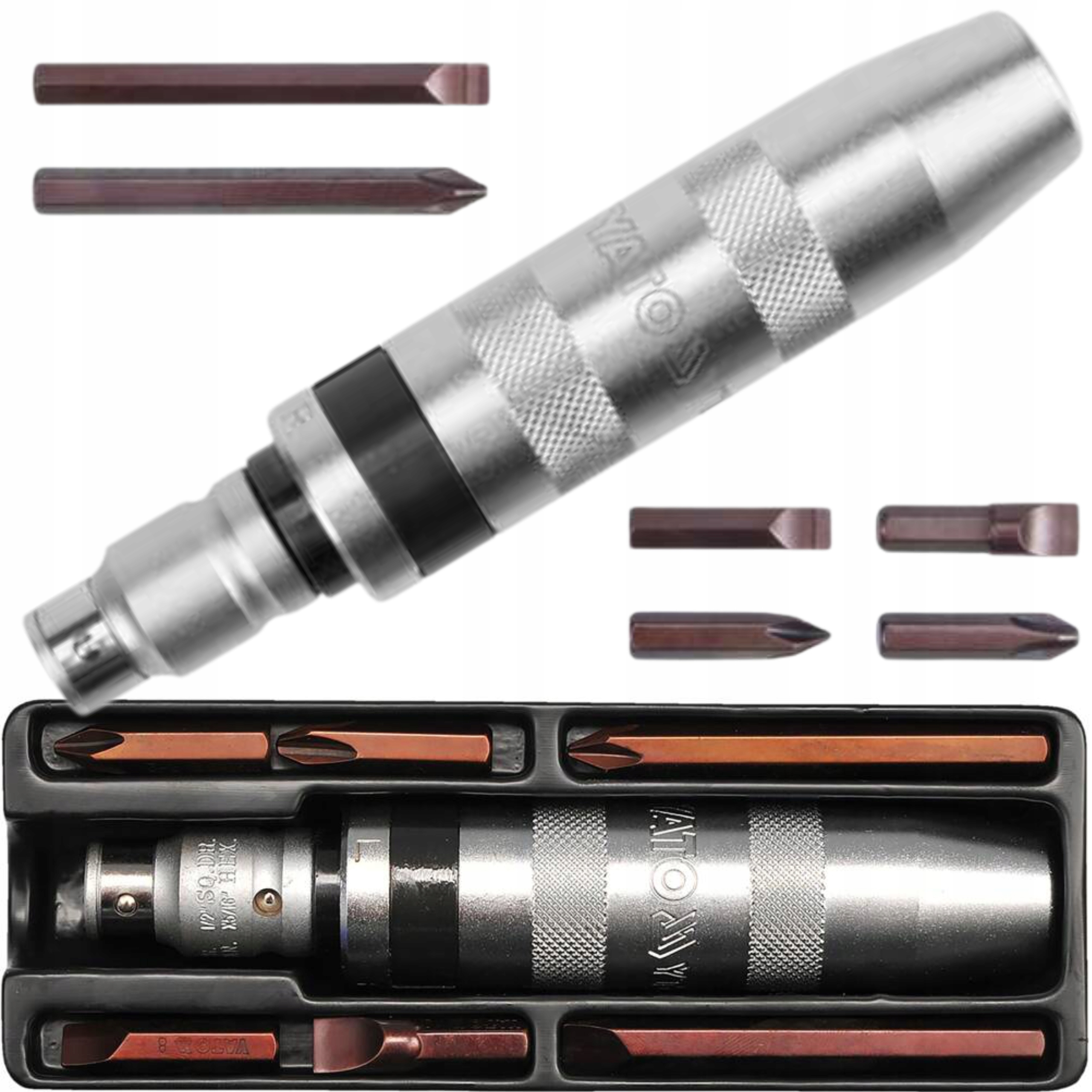 YATO WKRĘTAK UDAROWY METALOWA RĄCZKA + NASADKI BITY WALIZKA YT-2801