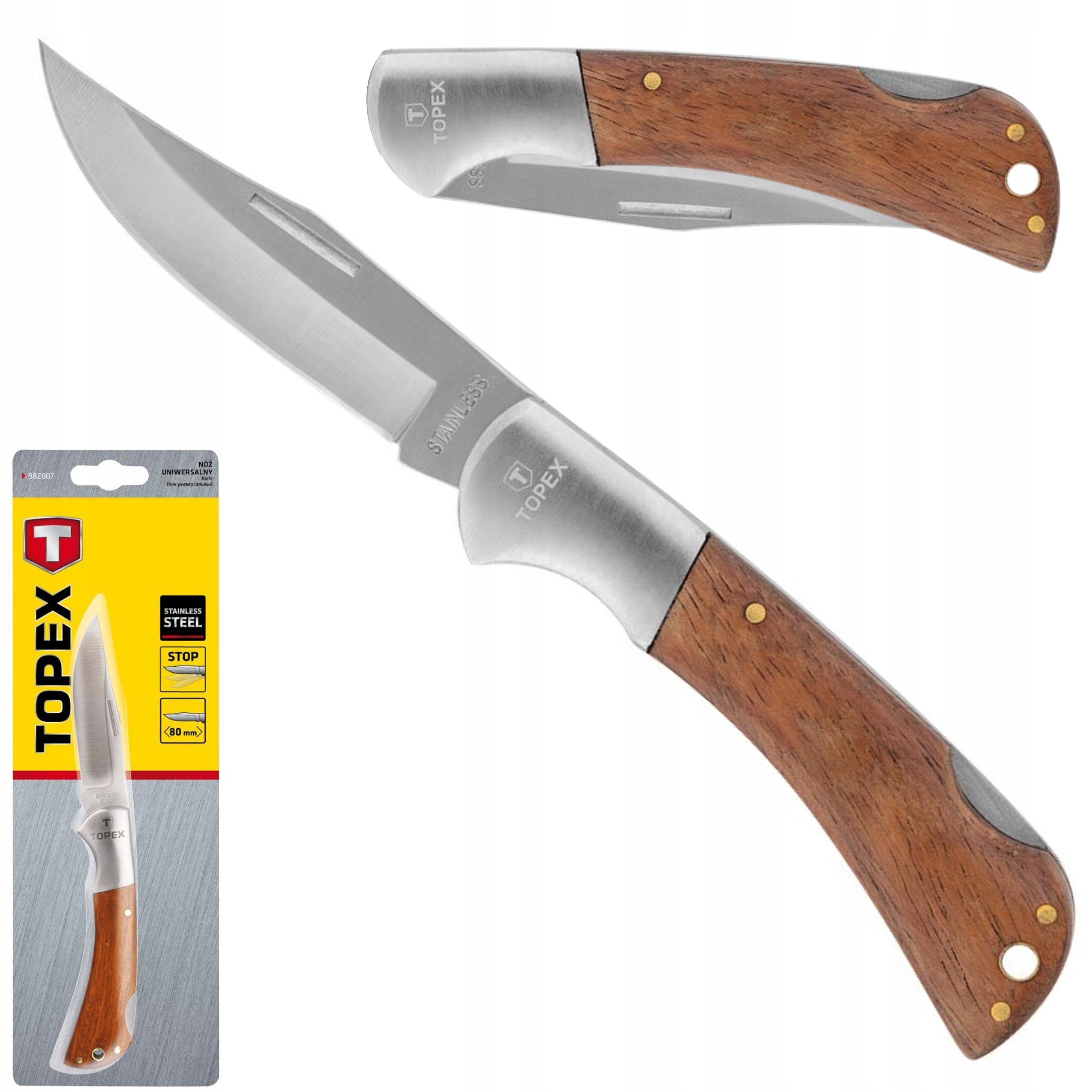 TOPEX NÓŻ SKŁADANY UNIWERSALNY STALOWE OSTRZE 8CM DREWNIANY UCHWYT 98Z007