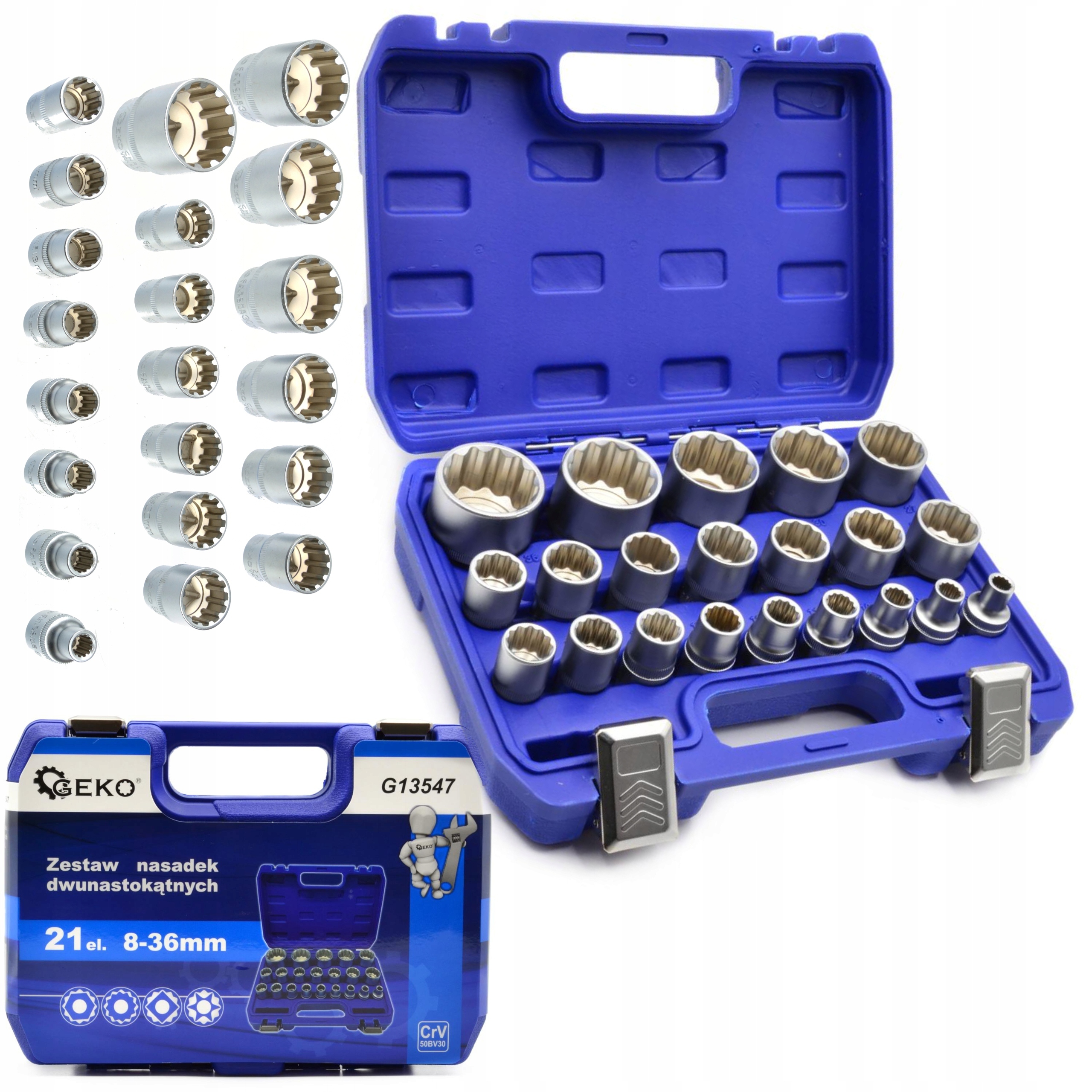 ZESTAW KLUCZY NASADEK 1/2'' NASADKI GWIAZDKA 12-KĄTNA SPLINE 8-36mm