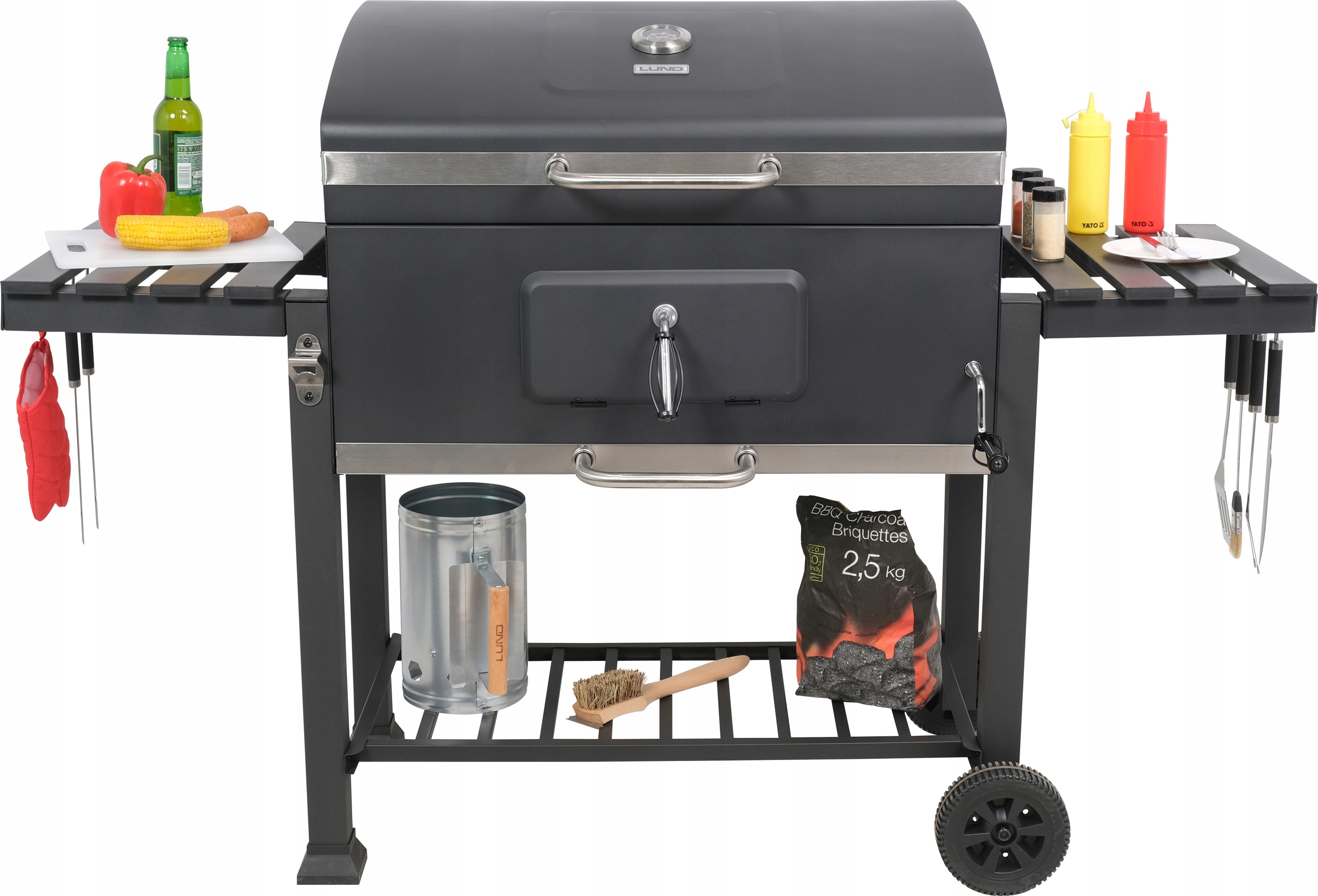 GRILL OGRODOWY WĘGLOWY REGULOWANY BBQ ZAMYKANA POKRYWA DUŻY RUSZT 3 PÓŁKI