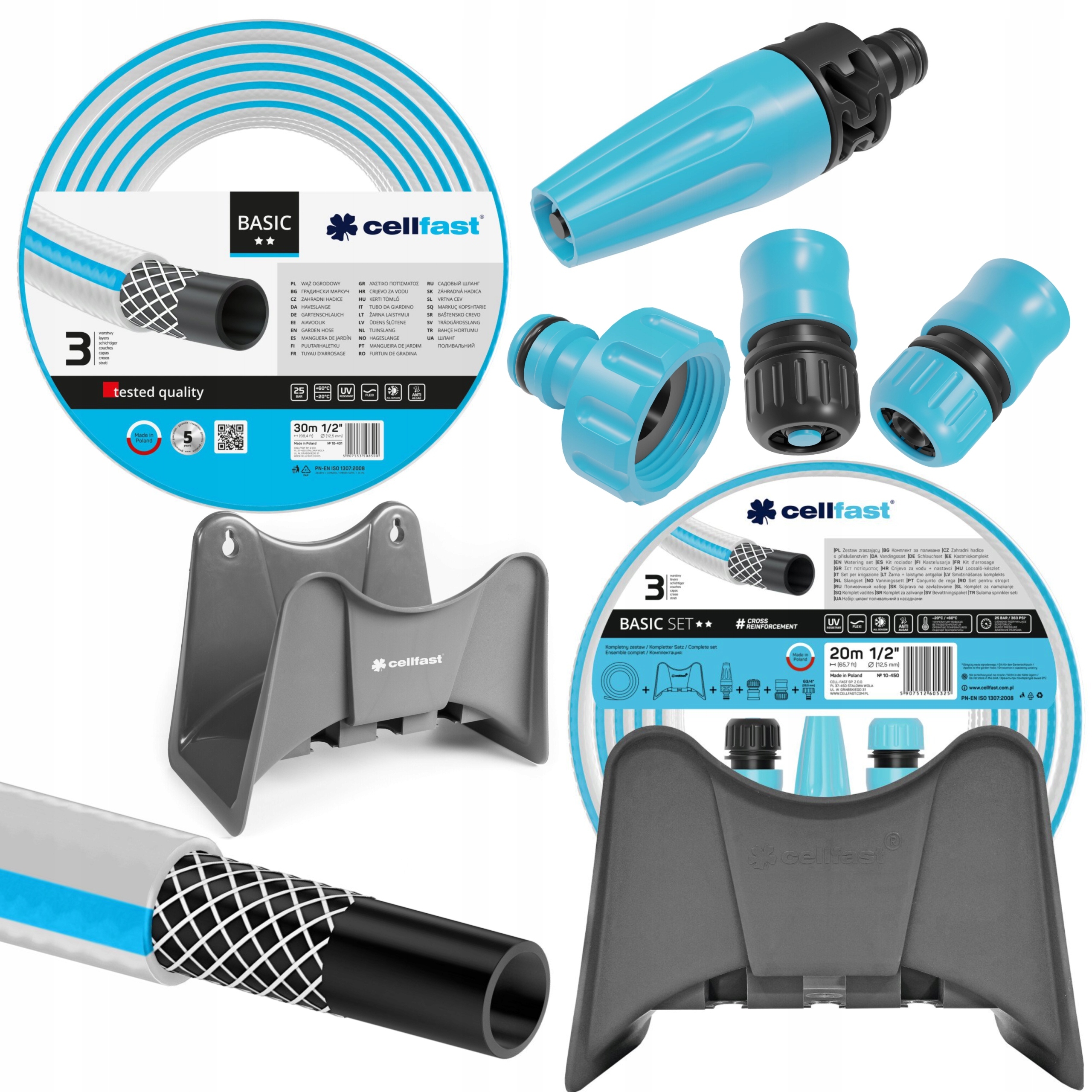 CELLFAST ZESTAW WĄŻ 20M 1/2" 3-WARST BASIC WIESZAK ZRASZACZ 10-450 POLSKI