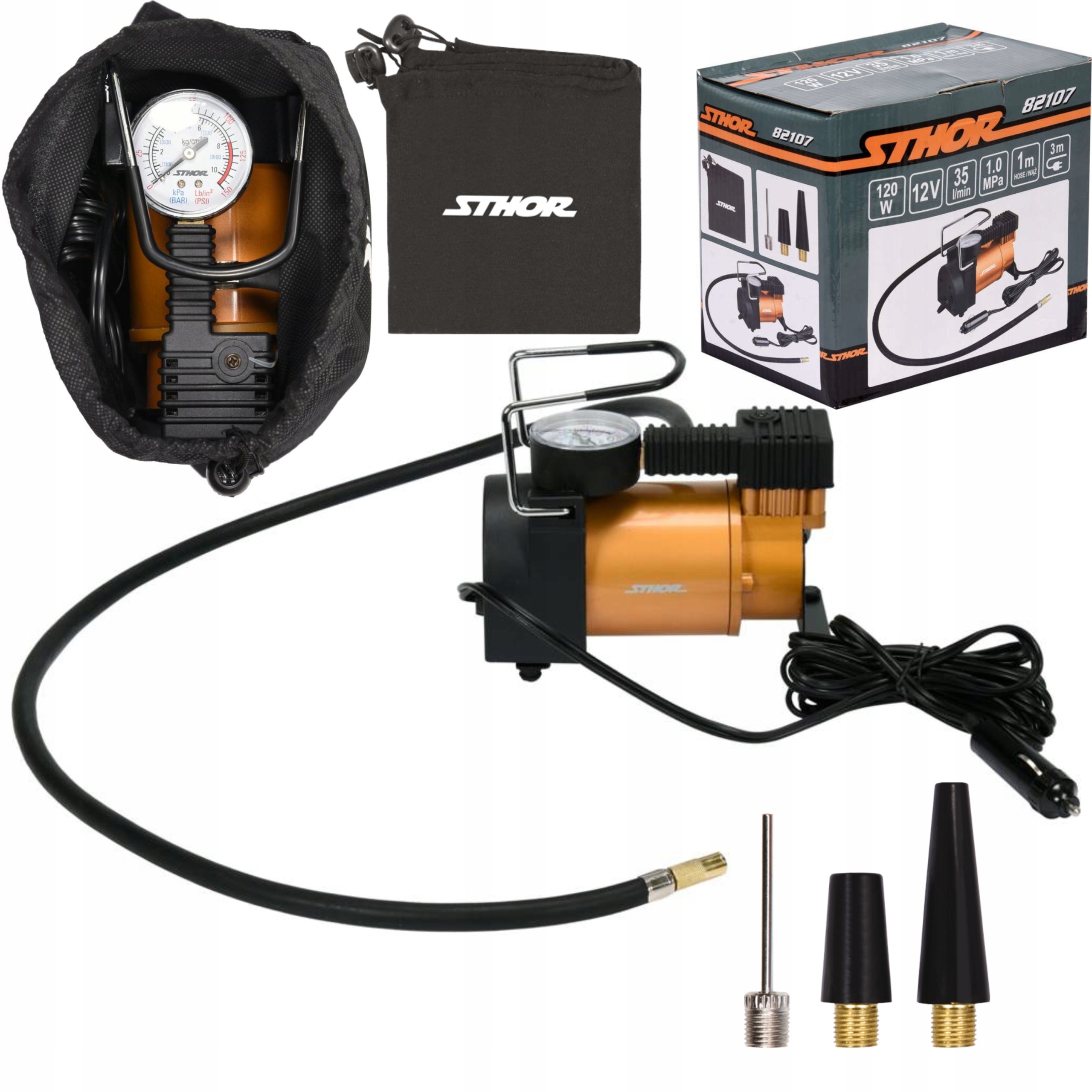 KOMPRESOR SAMOCHODOWY 12V POMPKA 120W +3 KOŃCÓWKI