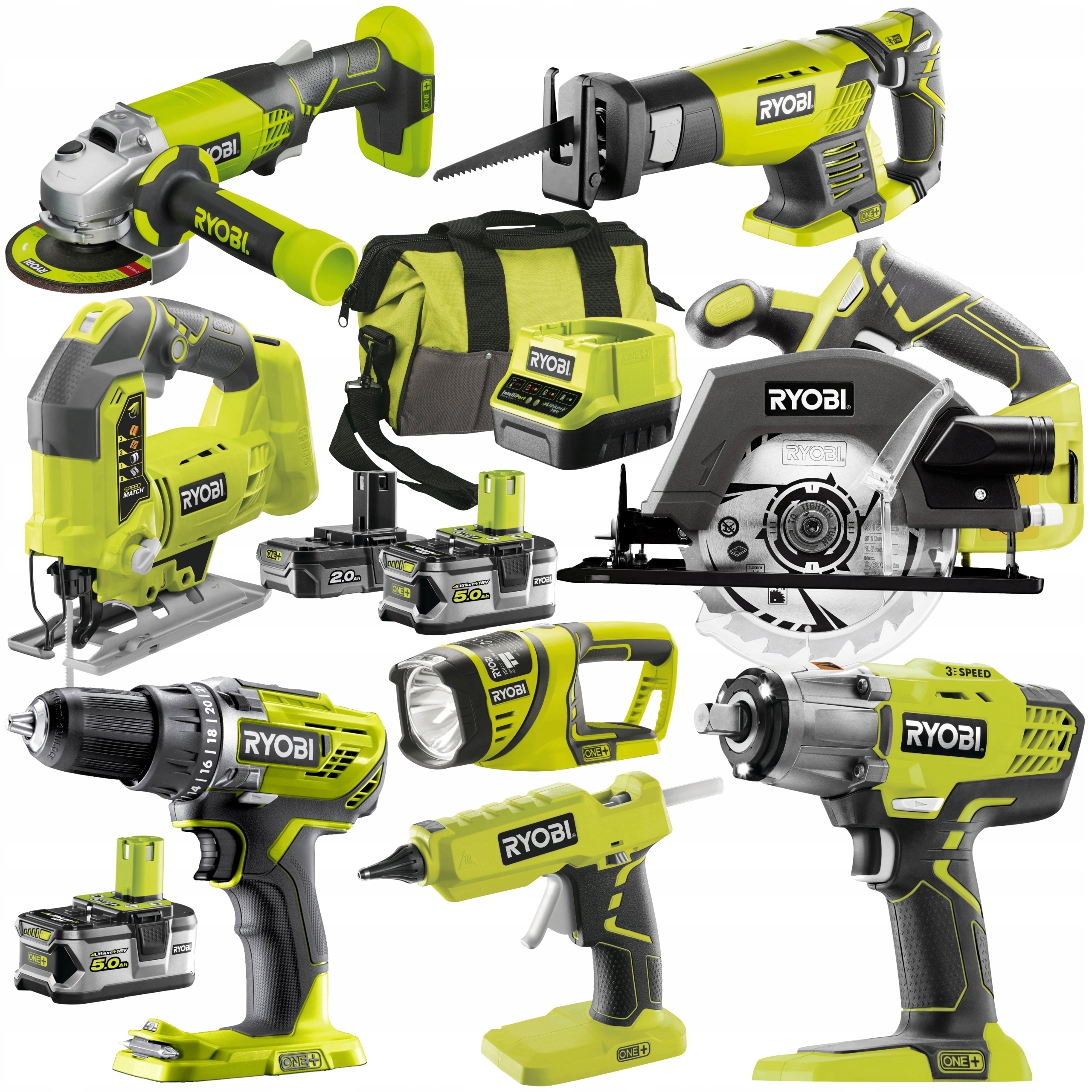 RYOBI ZESTAW COMBO 8 NARZĘDZI 18V KLUCZ 2x5Ah +2Ah