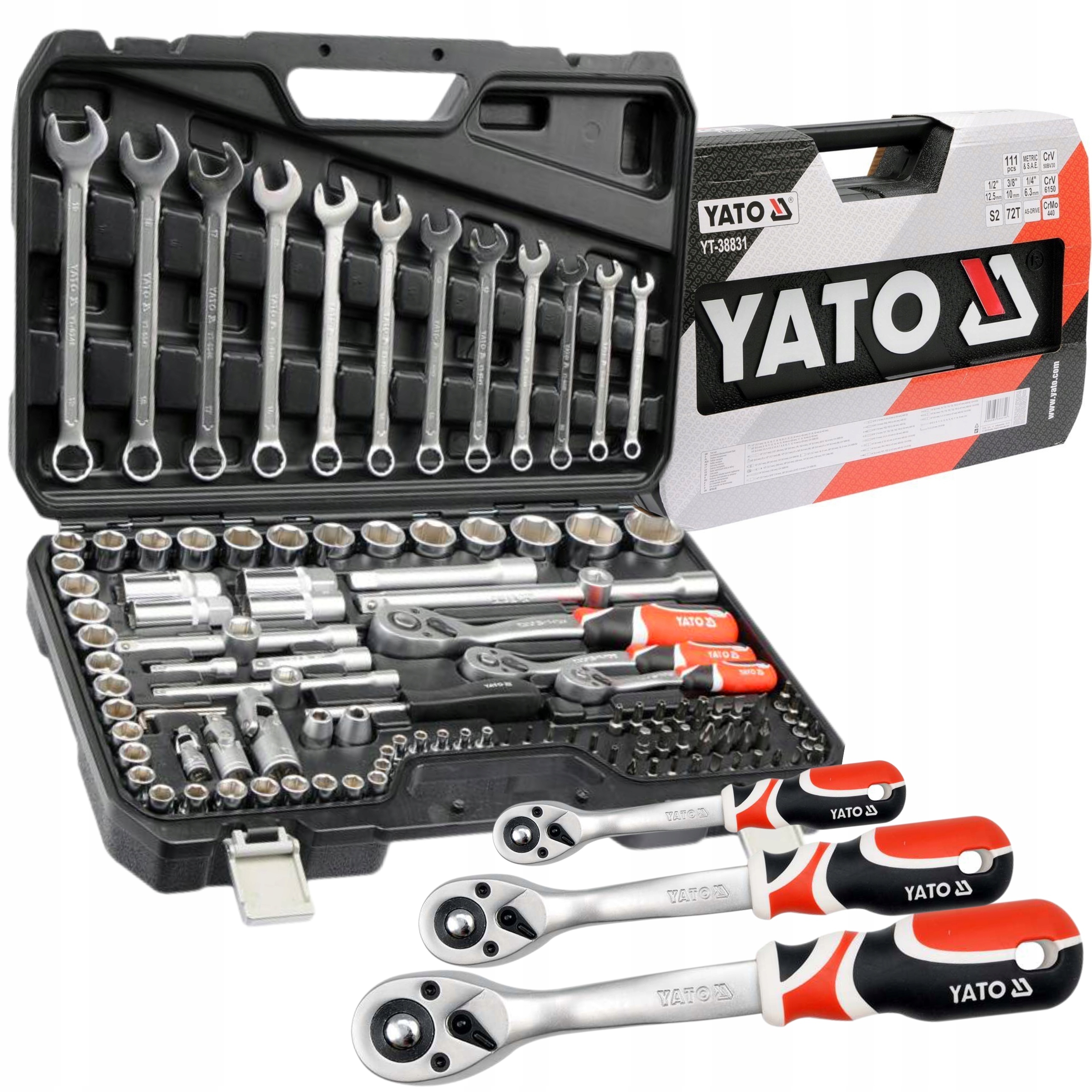 YATO KOMPLET ZESTAW NARZĘDZI KLUCZY 111SZT 3 grzechotki YT-3883 1