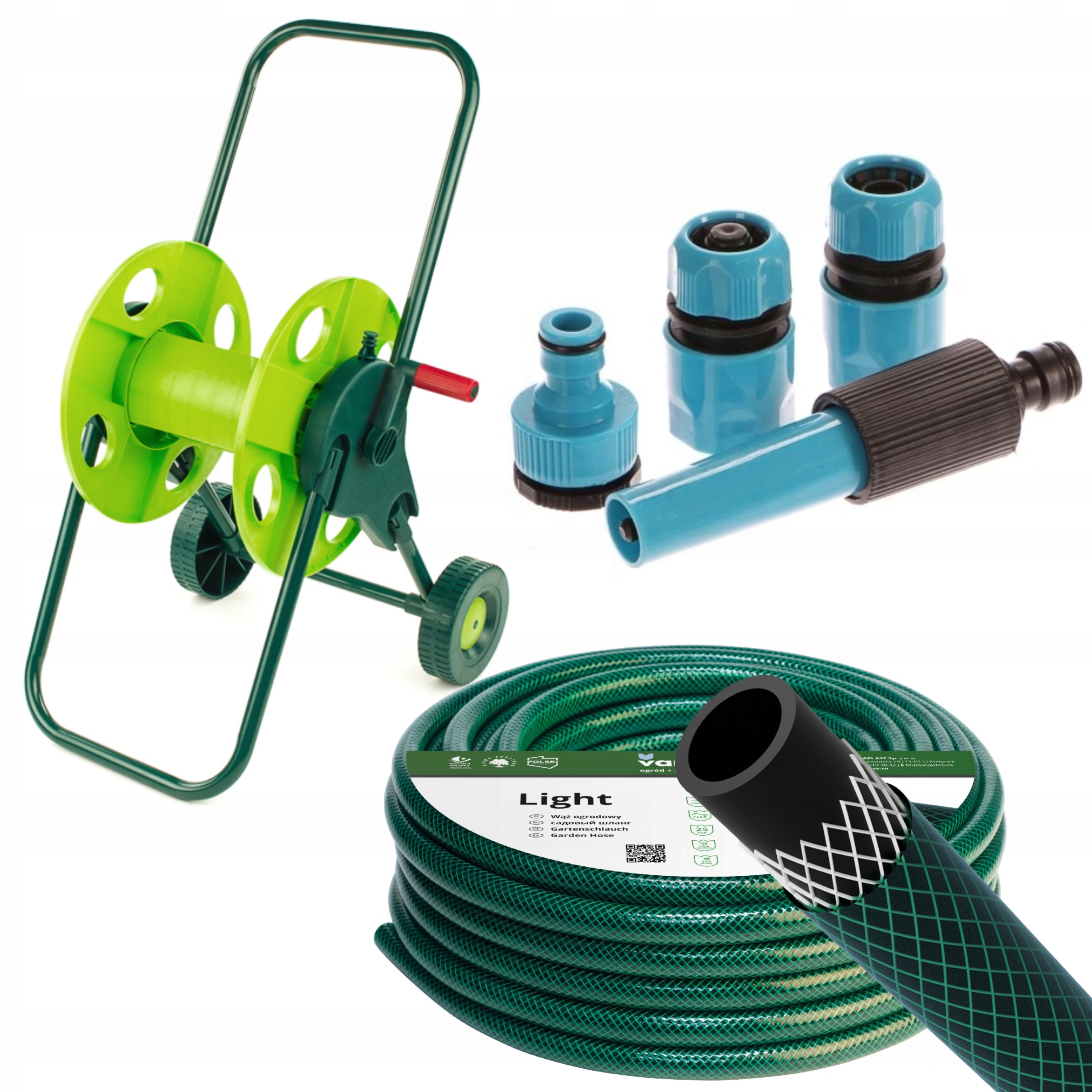 WÓZEK BĘBEN NA WĄŻ + WĄŻ OGRODOWY 50m 1/2 + ZESTAW KOŃCÓW ZRASZACZ POLSKI