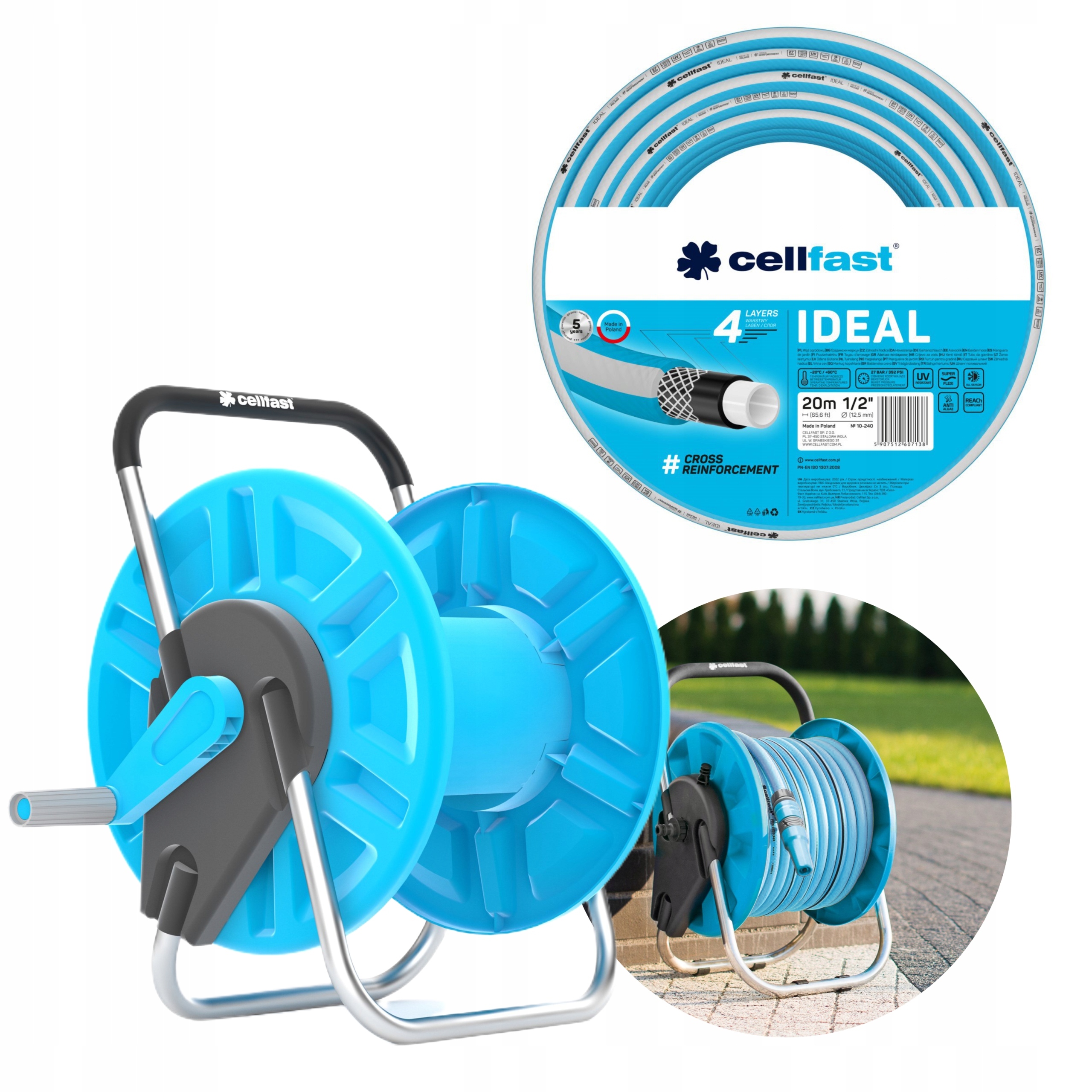 CELLFAST ZESTAW WÓZEK STOJAK ALUPLUS + WĄŻ OGRODOWY 27 BAR IDEAL 1/2" 20M