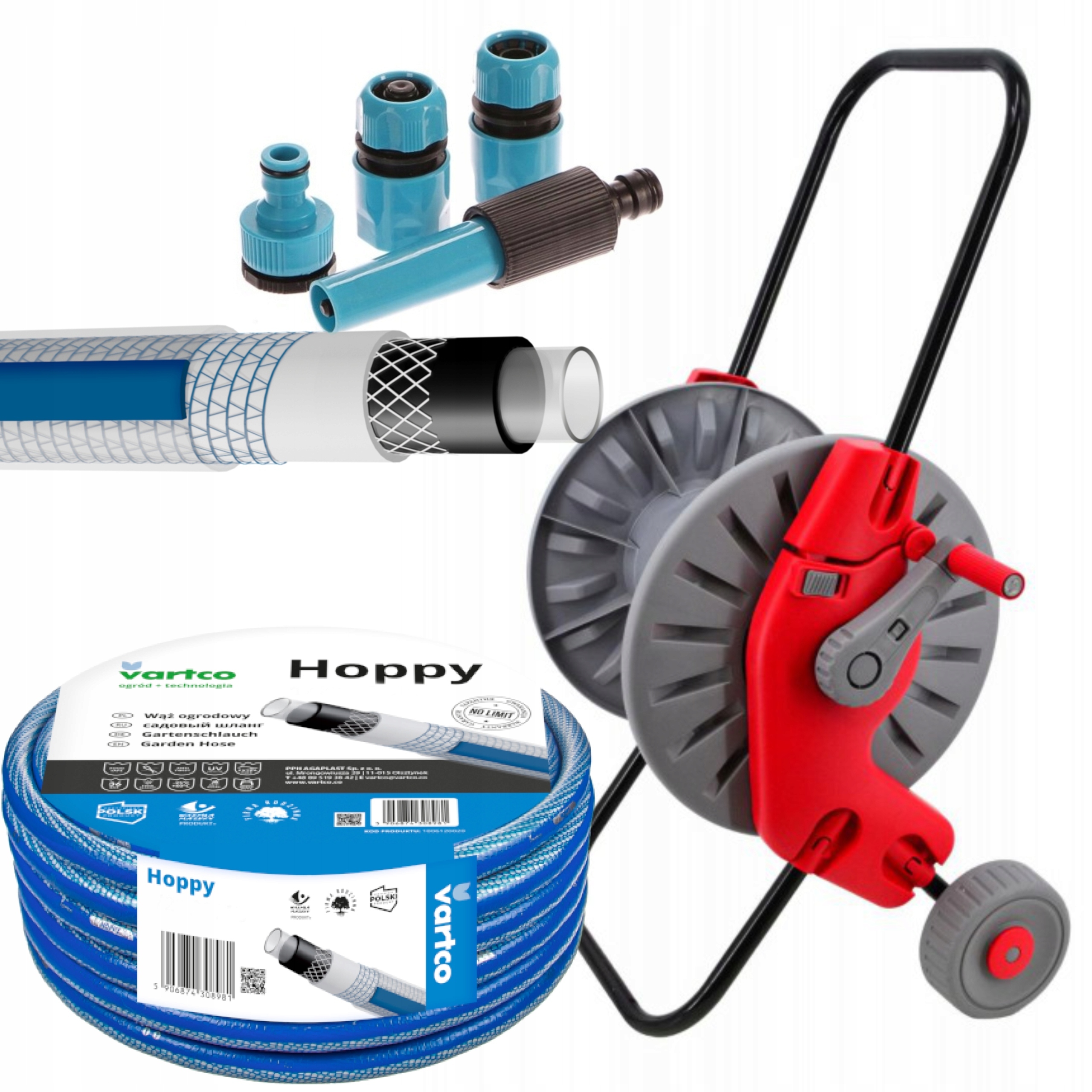 WÓZEK + WĄŻ OGRODOWY 6-WARSTWOWY 3/4 30M + ZESTAW KOŃCÓWEK PRODUKT POLSKI