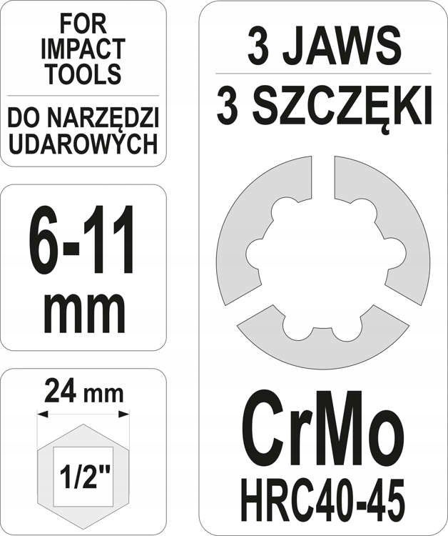 YATO NASADKA 1/2'' WYKRĘTAK DO USZKODZONYCH ŚRUB I SZPILEK 6-11MM YT-06256
