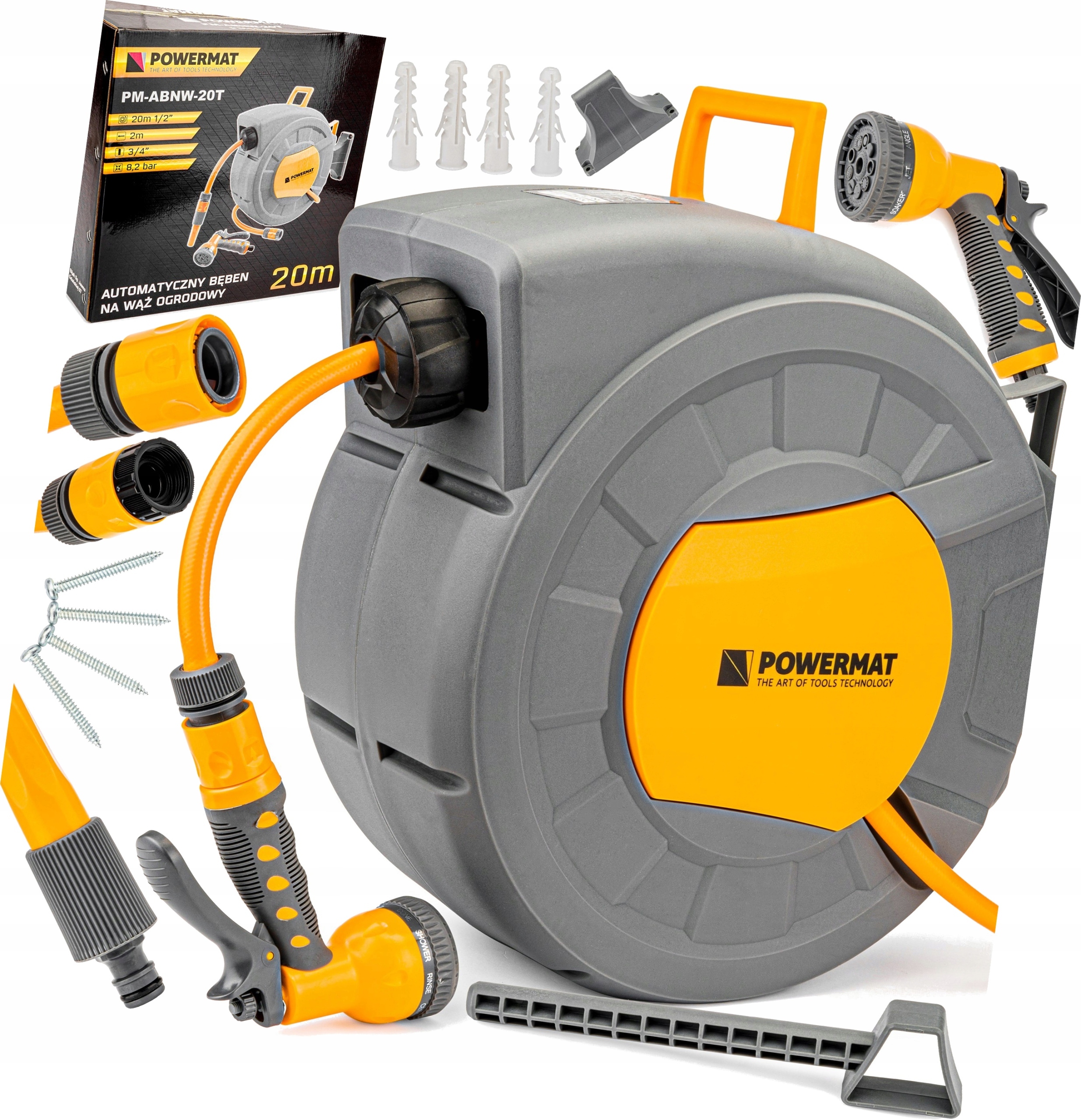 AUTOMATYCZNY BĘBEN ZWIJACZ NA WĄŻ OGRODOWY NAŚCIENNY 1/2 20m + PISTOLET PRO