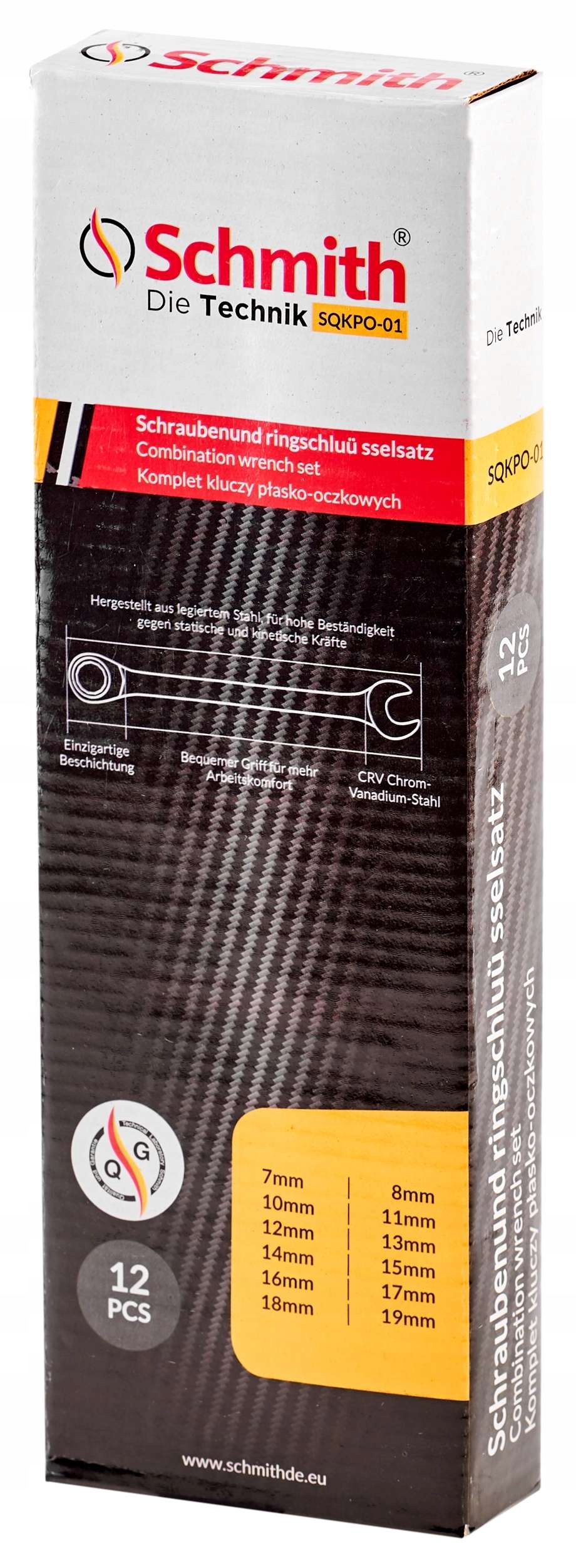 SCHMITH KOMPLET KLUCZY PŁASKO-OCZKOWYCH 12 SZT 7-19MM W POKROWCU SQKPO-01