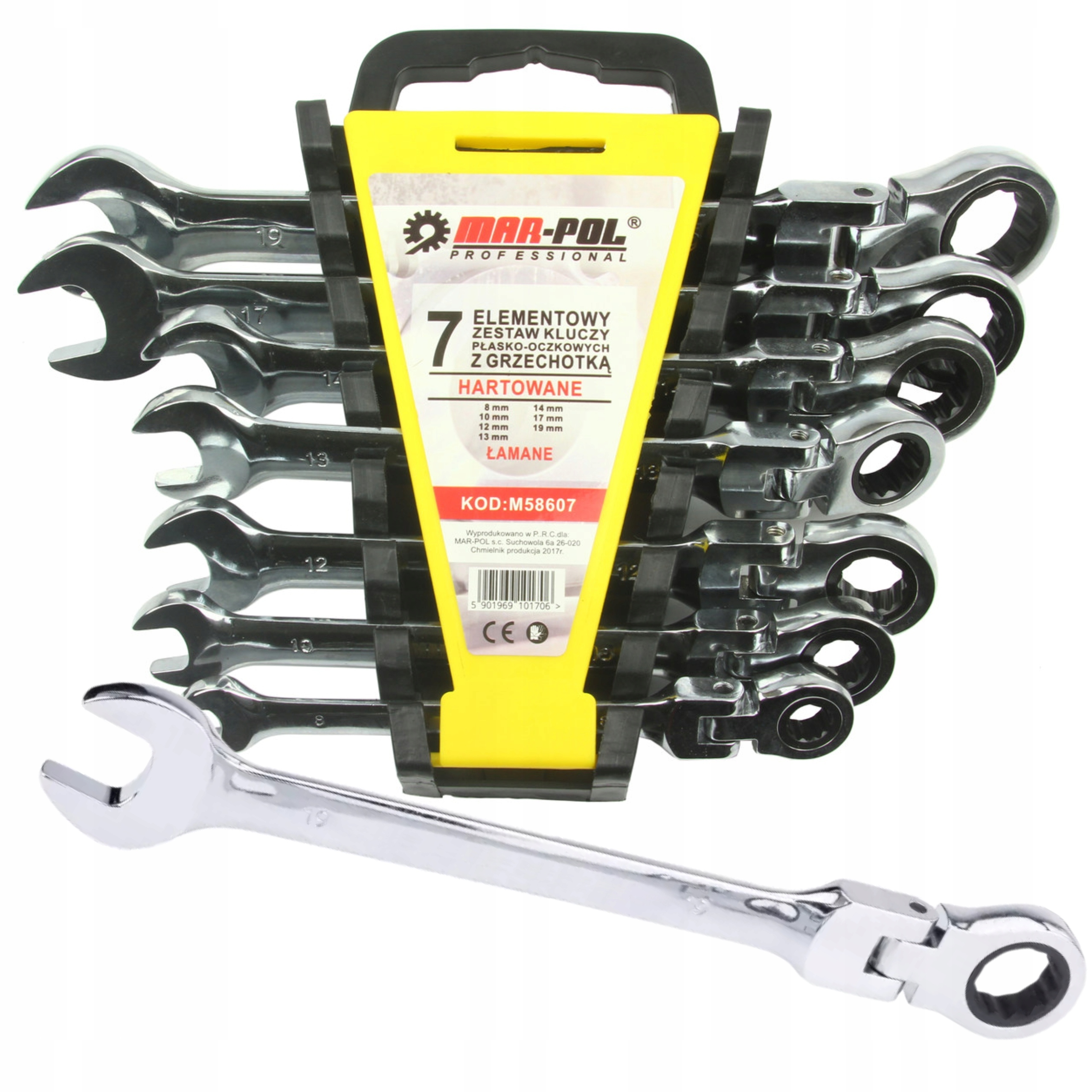 ZESTAW KOMPLET KLUCZE PŁASKO-OCZKOWE Z GRZECHOTKĄ ŁAMANE 8-19mm CLIP M58607