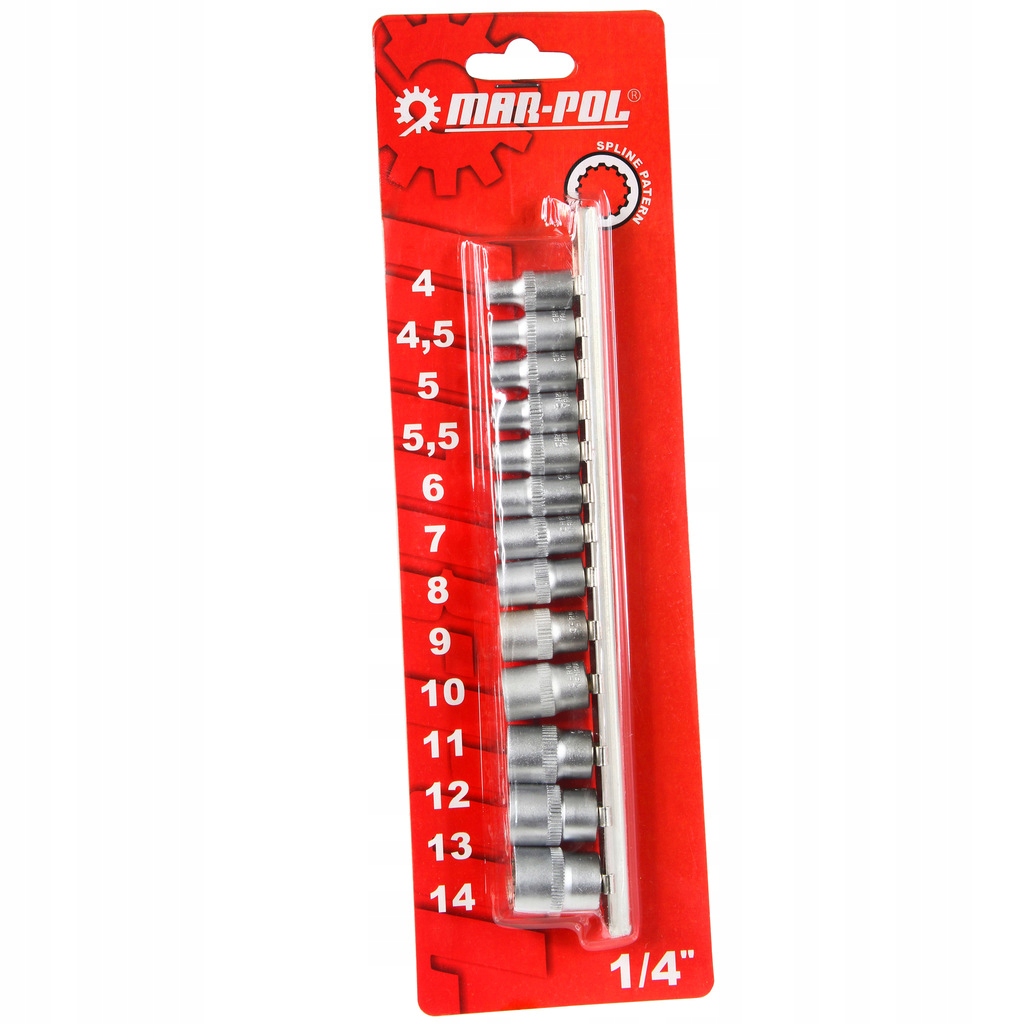 ZESTAW NASADEK NA LISTWIE NASADKI 1/4 KLUCZE DWUNASTOKĄTNE SPLINE 4-14 13el