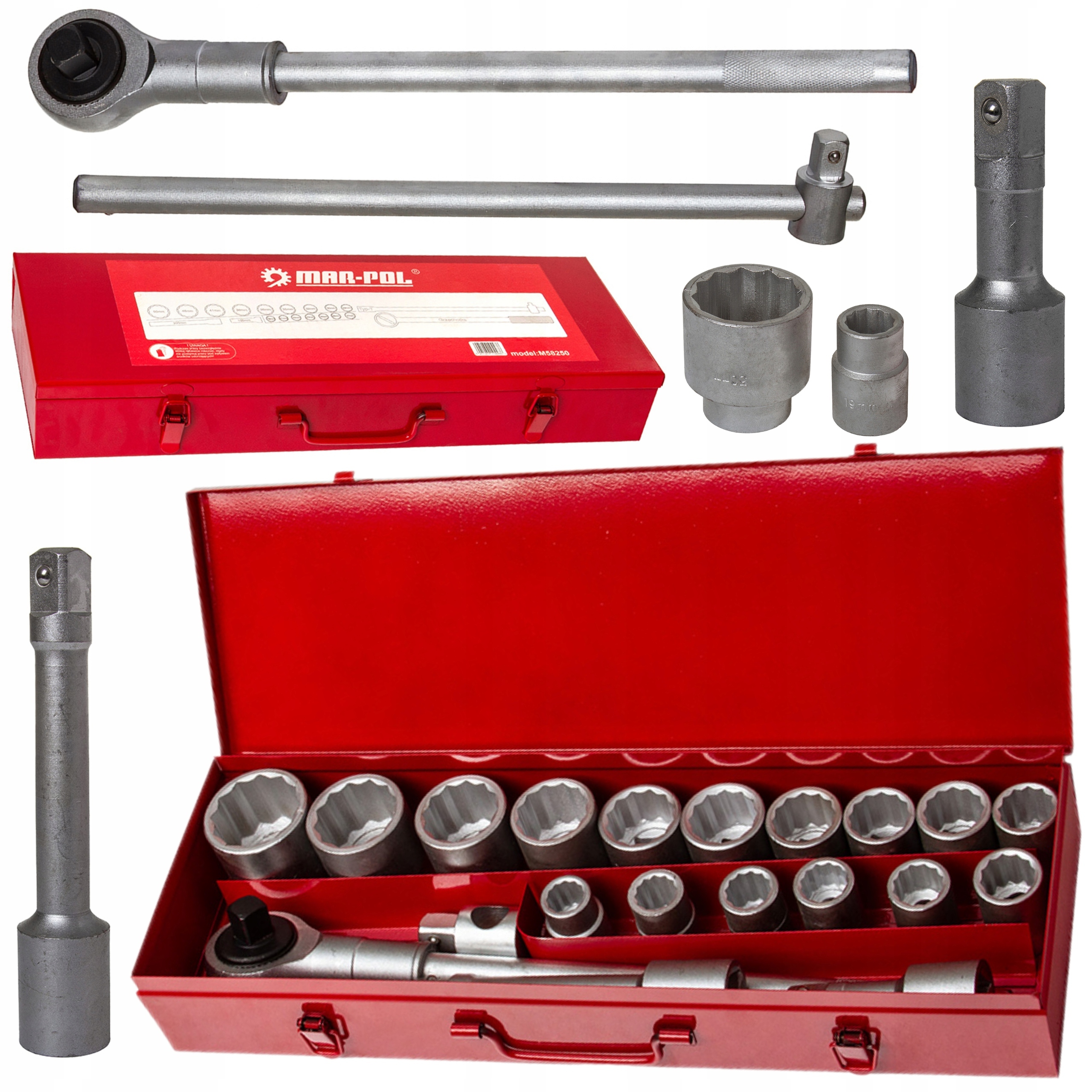 ZESTAW KLUCZY NASADOWYCH Z GRZECHOTKĄ 19-50mm 3/4" 21 ELEMENTÓW Z WALIZKĄ
