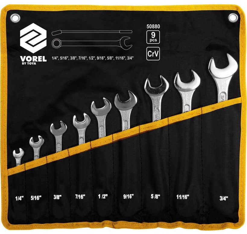 VOREL ZESTAW KOMPLET KLUCZE PŁASKO-OCZKOWE CALOWE 9ELEM. 1/4"-3/4" 50880
