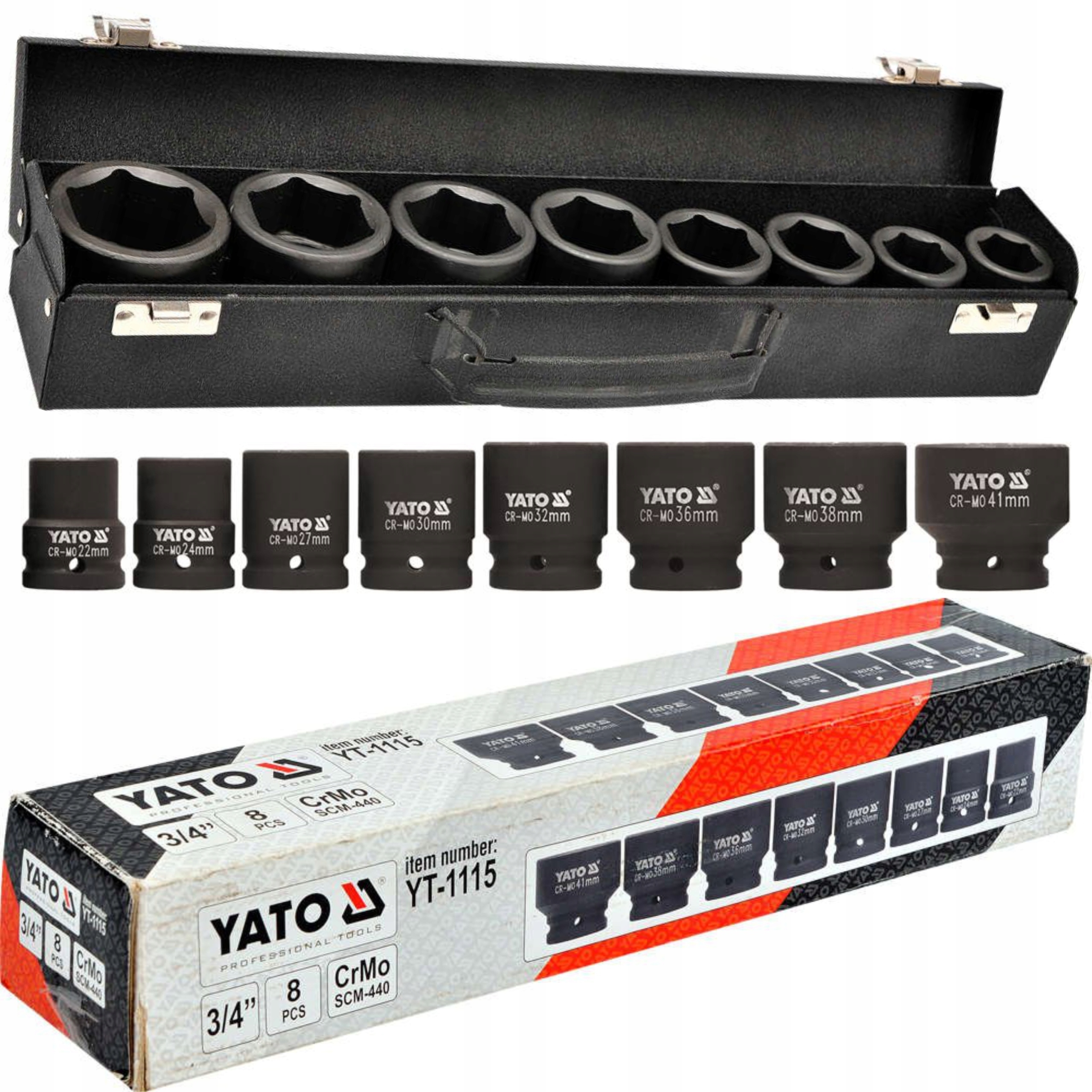 YATO ZESTAW KOMPLET KLUCZE NASADKI UDAROWE 3/4'' SKRZYNKA 8 EL. YT-1115