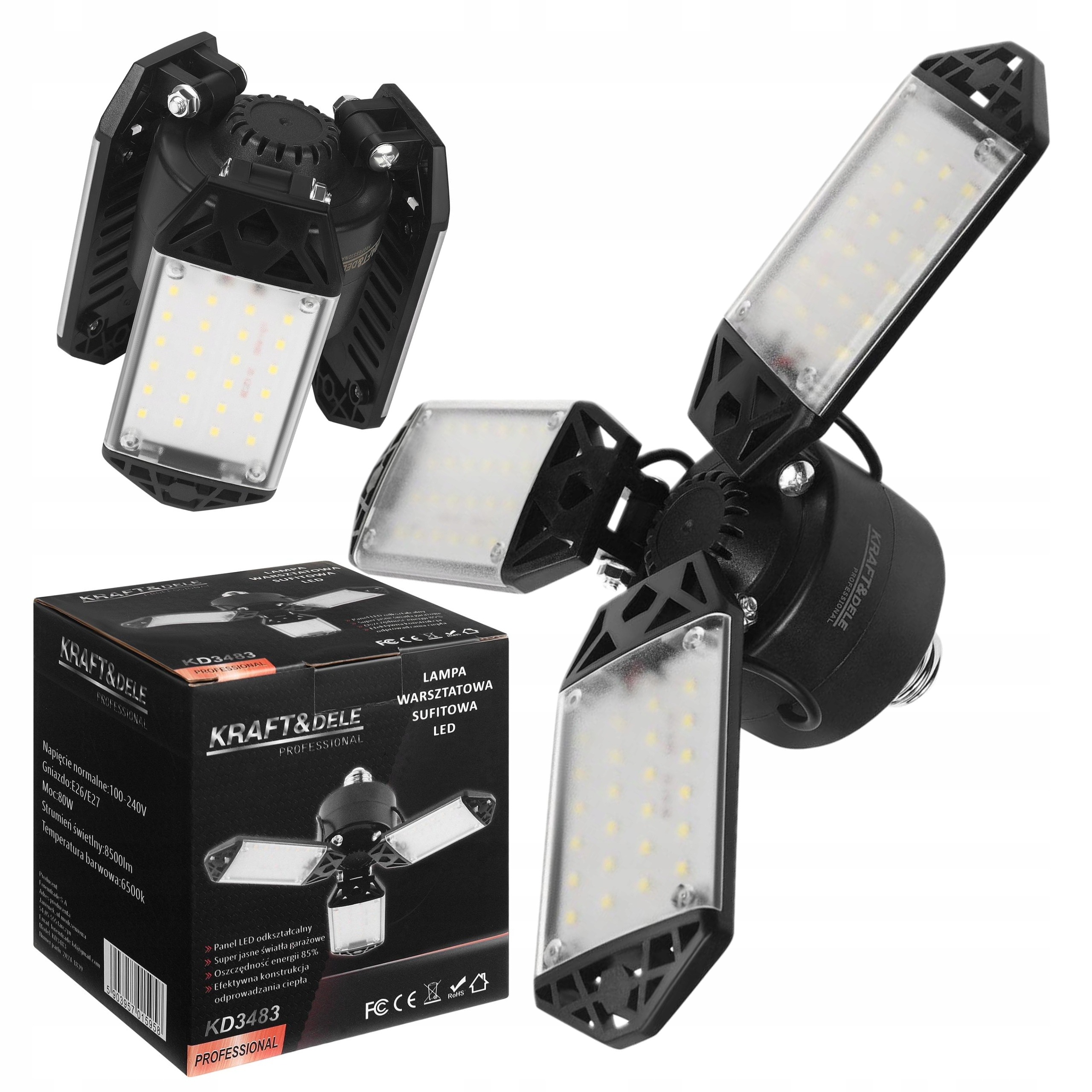 KRAFT&DELE LAMPA WARSZTATOWA LED SUFITOWA SKŁADANA 80W 8500LM KD3483