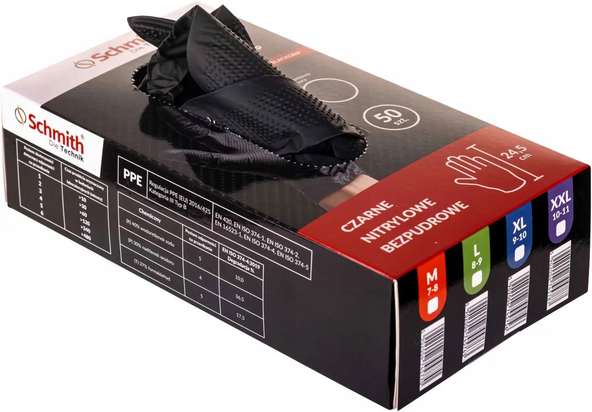 RĘKAWICE RĘKAWICZKI NITRYLOWE SCHMITH POWERGRIP SUPER MOCNE 50 SZT CZARNE L