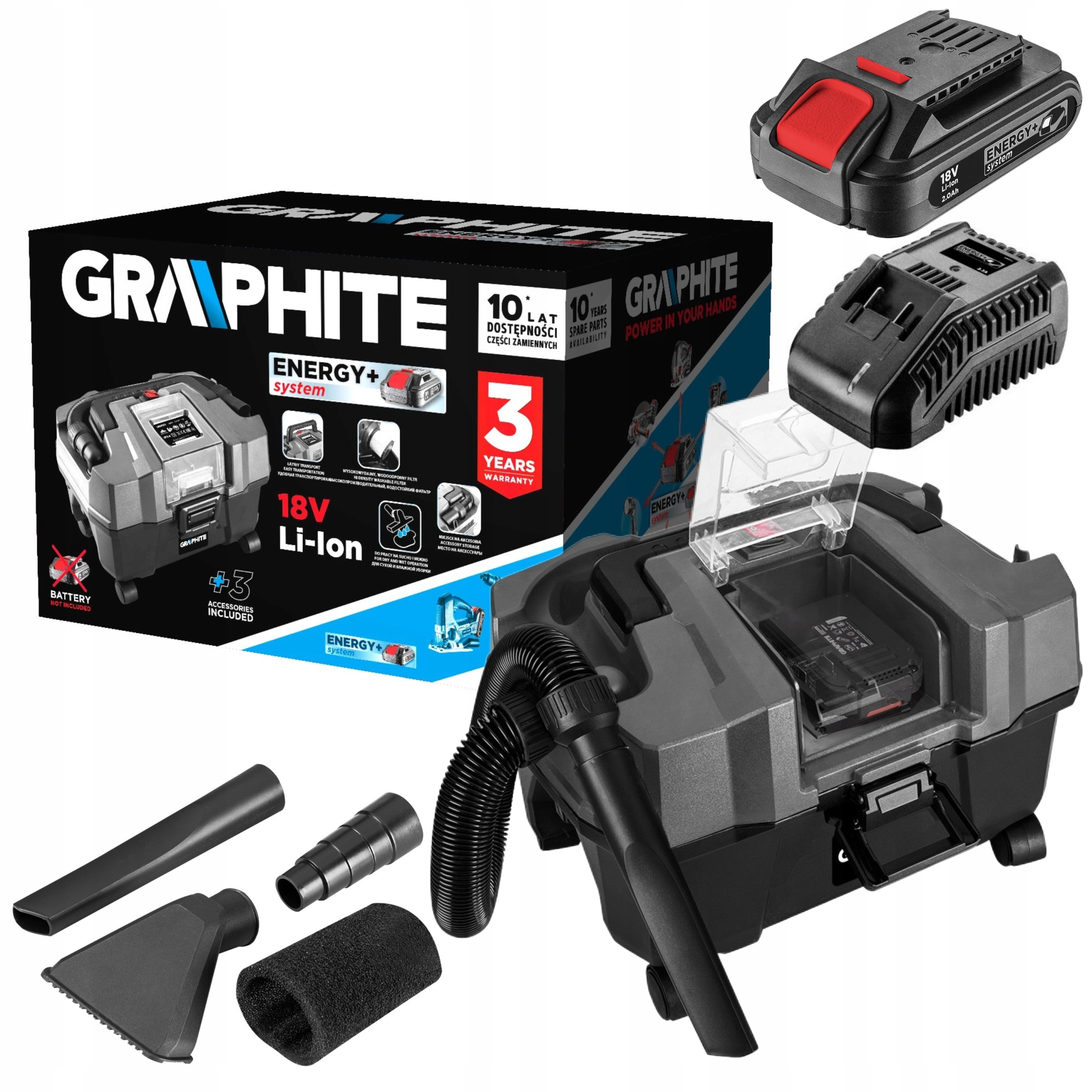 GRAPHITE ODKURZACZ WARSZTATOWY ENERGY+ 18V 10L 2Ah