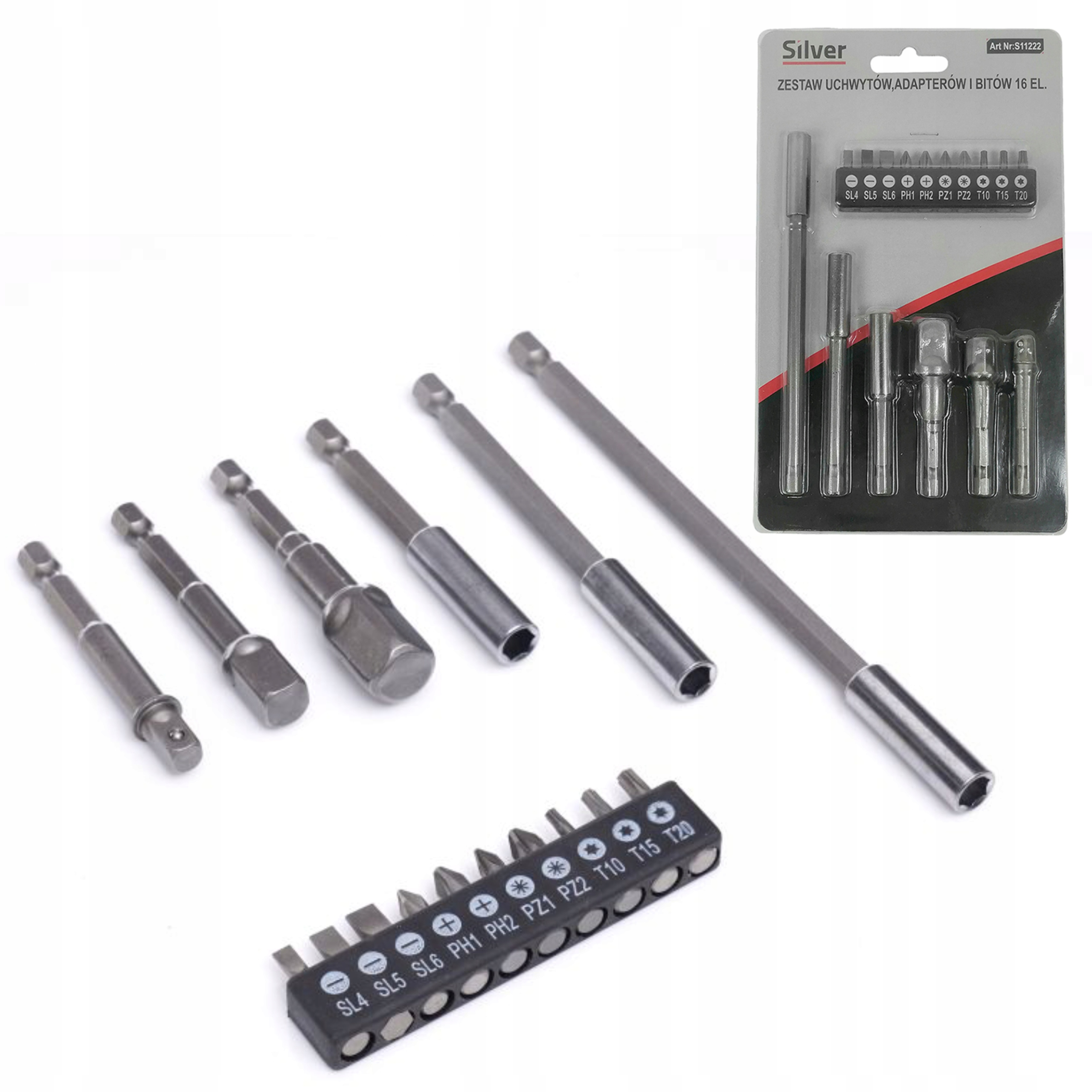 SILVER PRZEDŁUŻKI ADAPTERY BIT 1/4 DO WIERTAREK REDUKCJE 16 SZTUK S11222