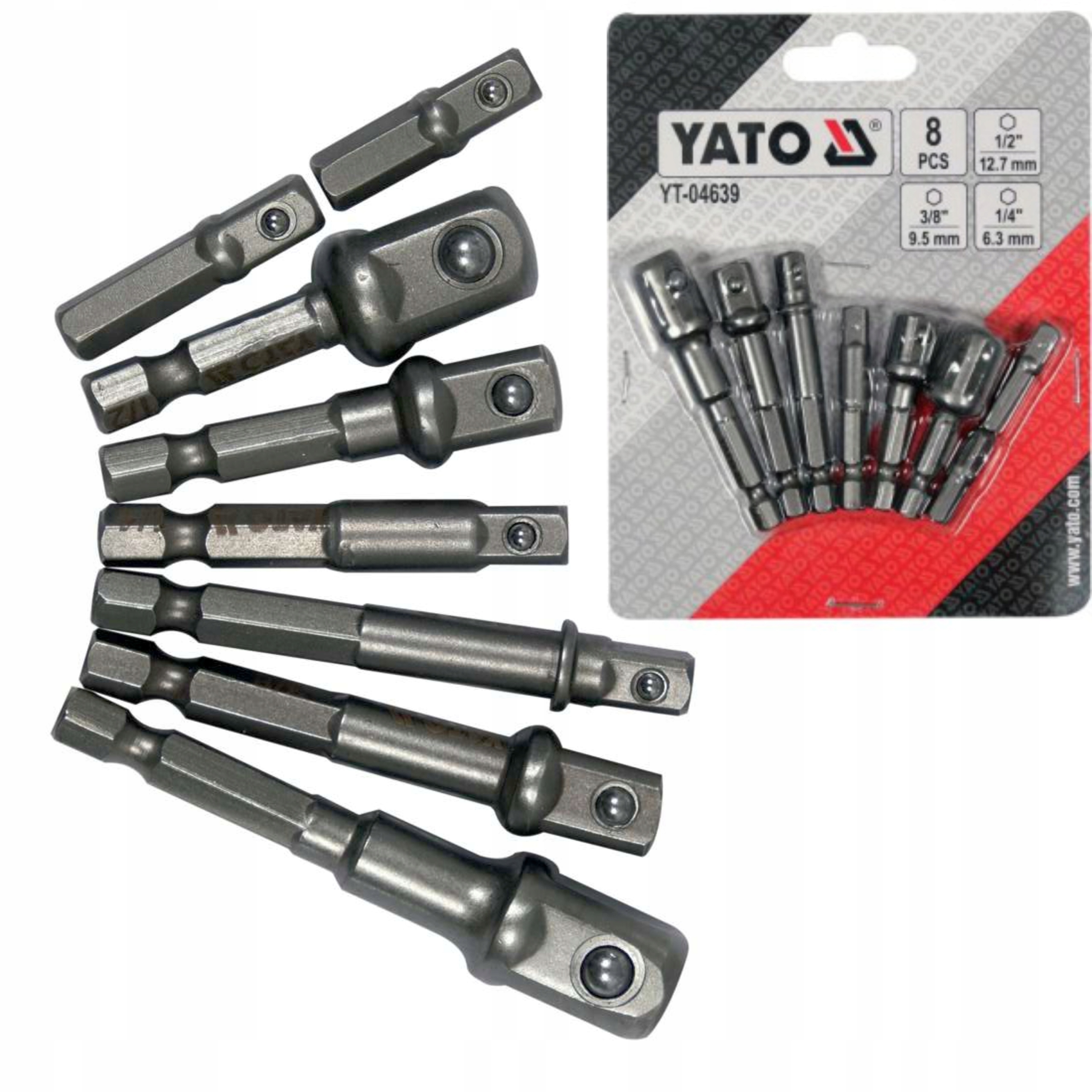 YATO ZESTAW ADAPTERÓW HEX DO NASADEK 8 SZTUK 1/2'' 3/8'' 1/4'' YT-04639