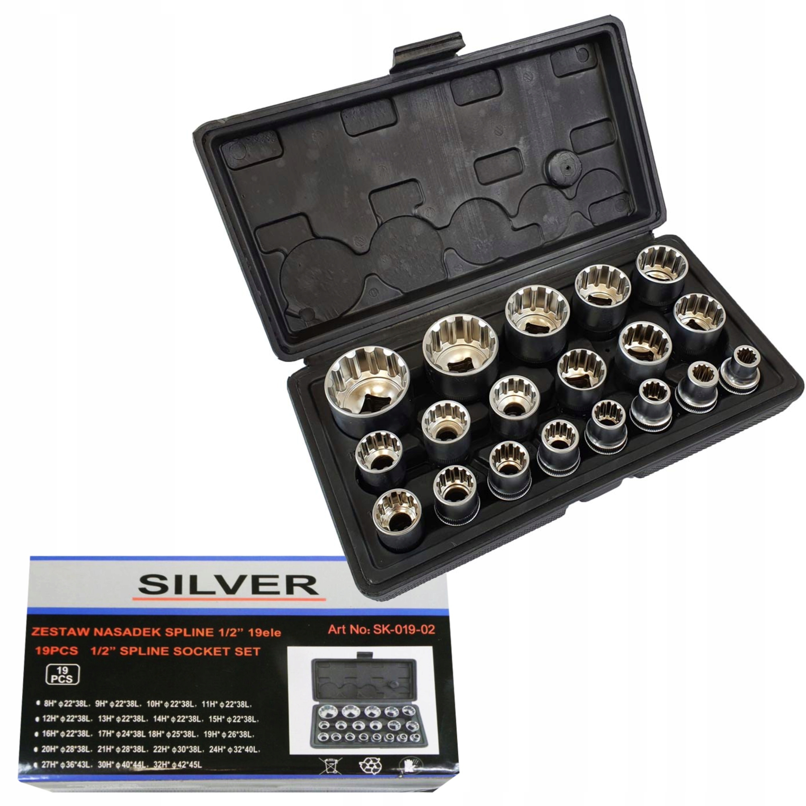 ZESTAW KLUCZY NASADKI SPLINE 8-32 MM KLUCZE 1/2 19EL DWUNASTOKĄTNE 12-KĄT.