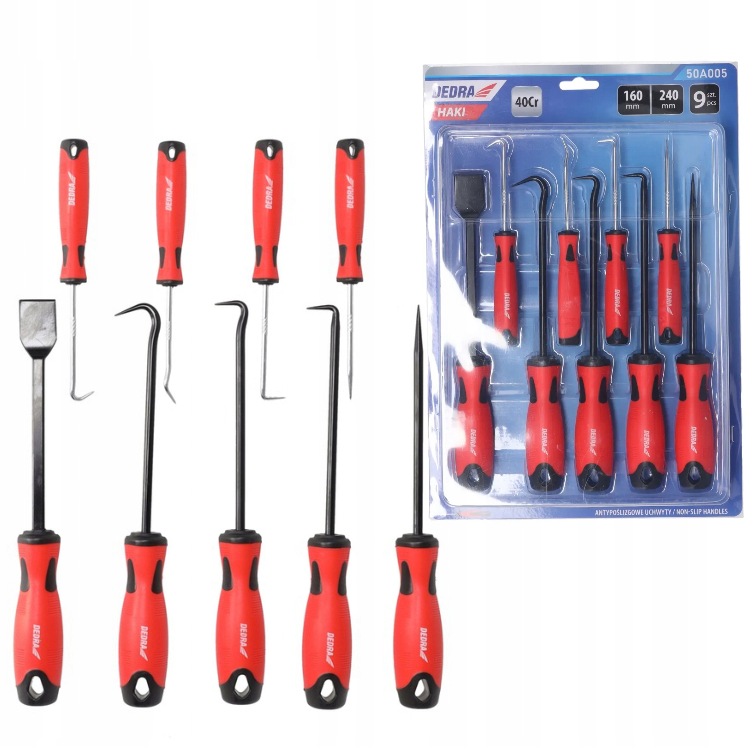 DEDRA HAKI Z RĘKOJEŚCIĄ ZE STALI I CHROMU ZESTAW 9 SZTUK DŁUGOŚĆ 160-240 MM