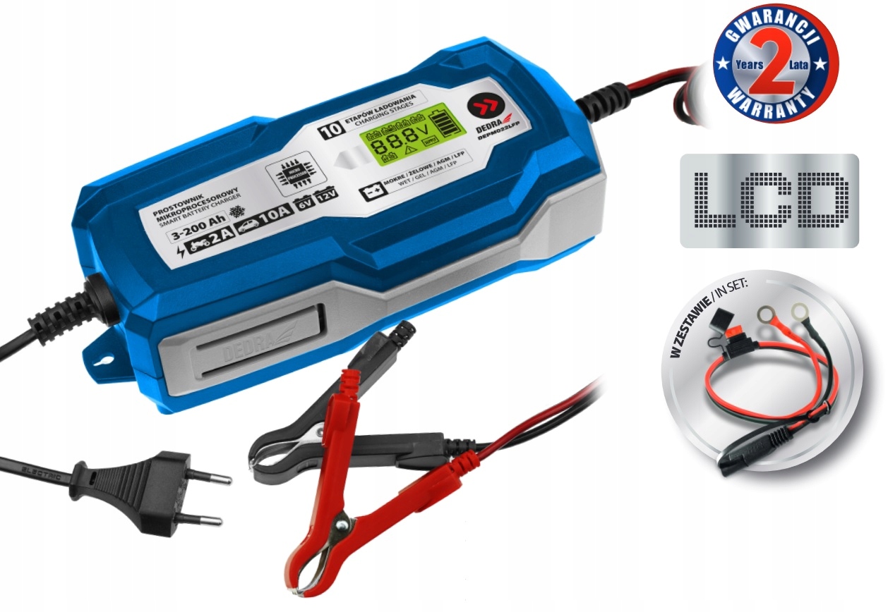 DEDRA PROSTOWNIK MIKROPROCESOROWY ŁADOWARKA 10A 6/12V 3-200Ah DEPM022LFP