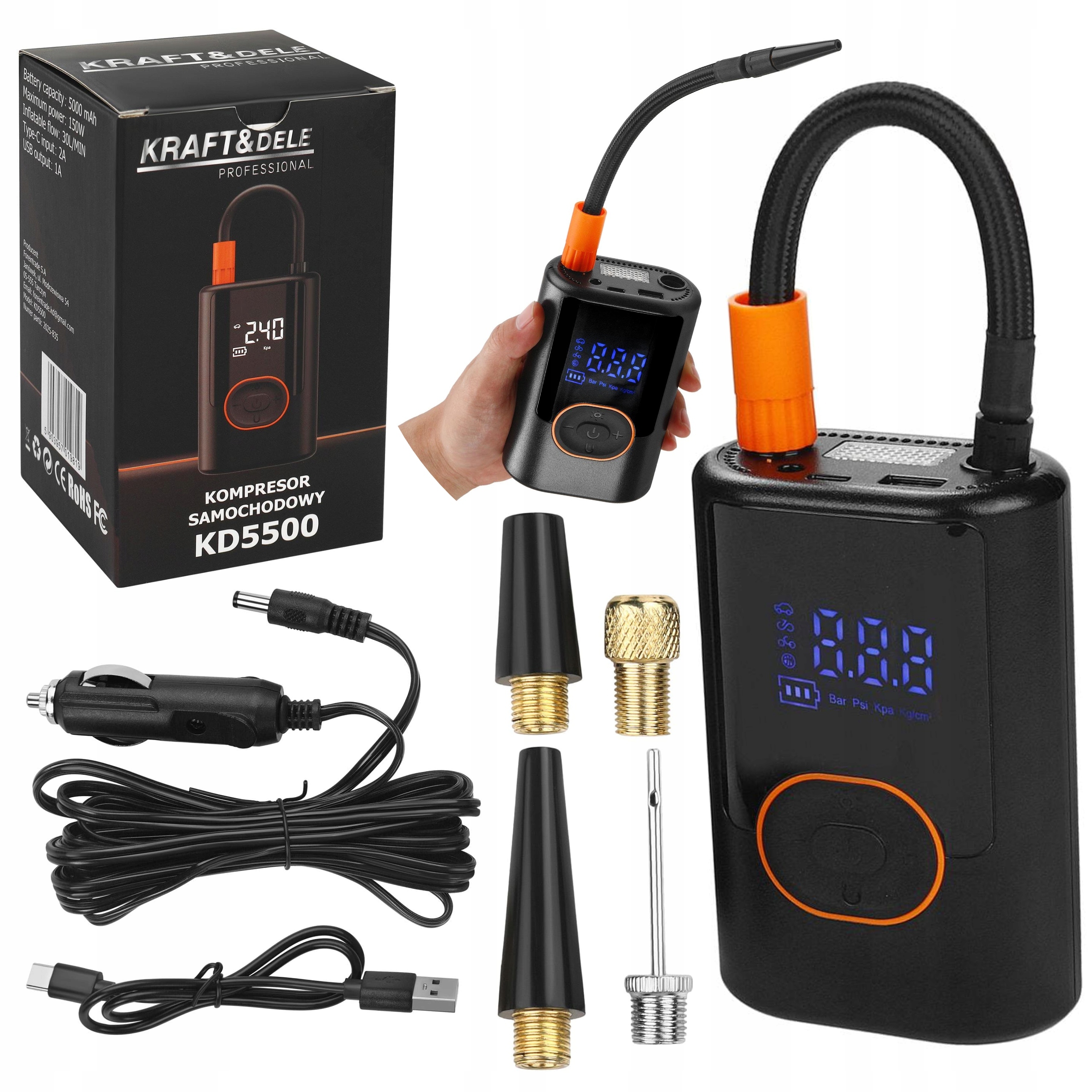 KRAFT&DELE KOMPRESOR AKUMULATOROWY 5000mAh POWERBANK 3-150 PSI LCD KD5500