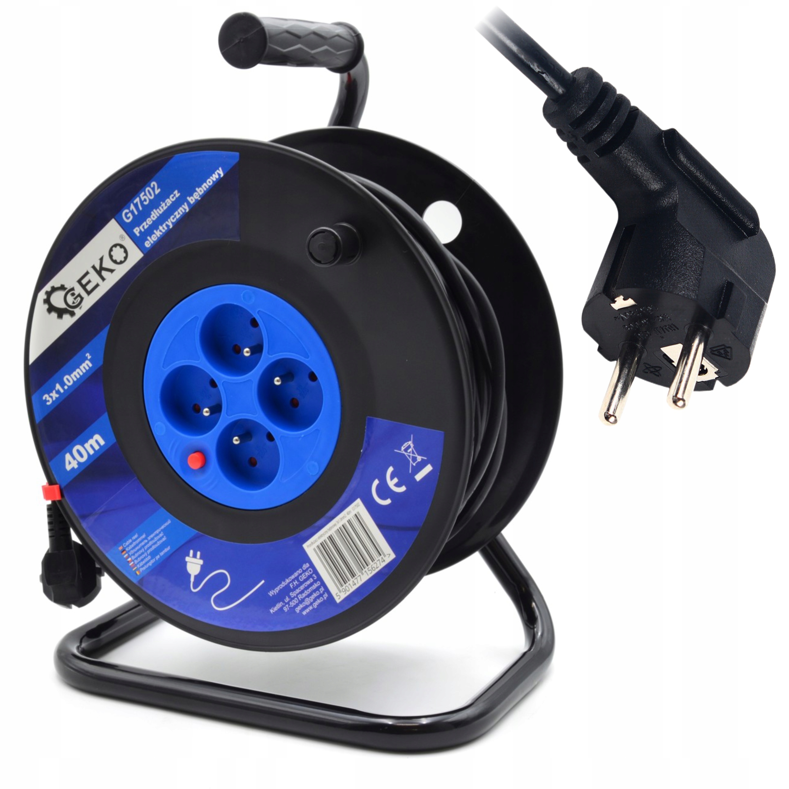 GEKO PRZEDŁUŻACZ ELEKTRYCZNY BĘBNOWY 3x1.0mm2 40m 4 GNIAZDA CZARNY