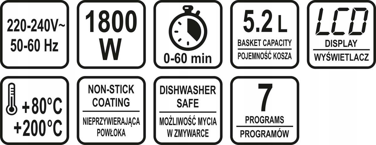 LUND FRYTKOWNICA BEZTŁUSZCZOWA AIR FRYER 1800W 5,2L Z WYŚWIETLACZEM 67574