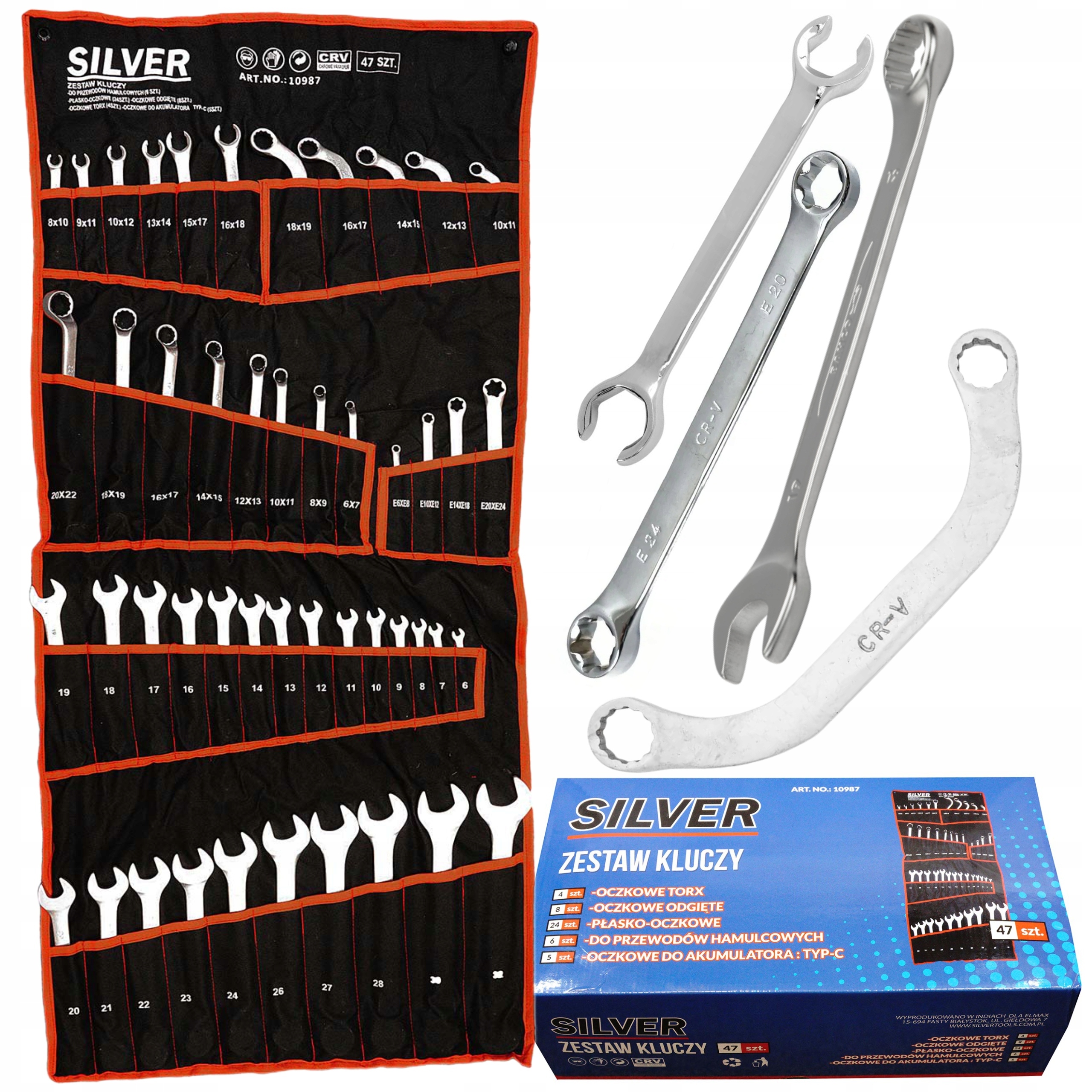 ZESTAW KLUCZY 47el PŁASKO-OCZK TYP C OCZKOWE WYGIĘTE TORX PÓŁOTWARTE S10987