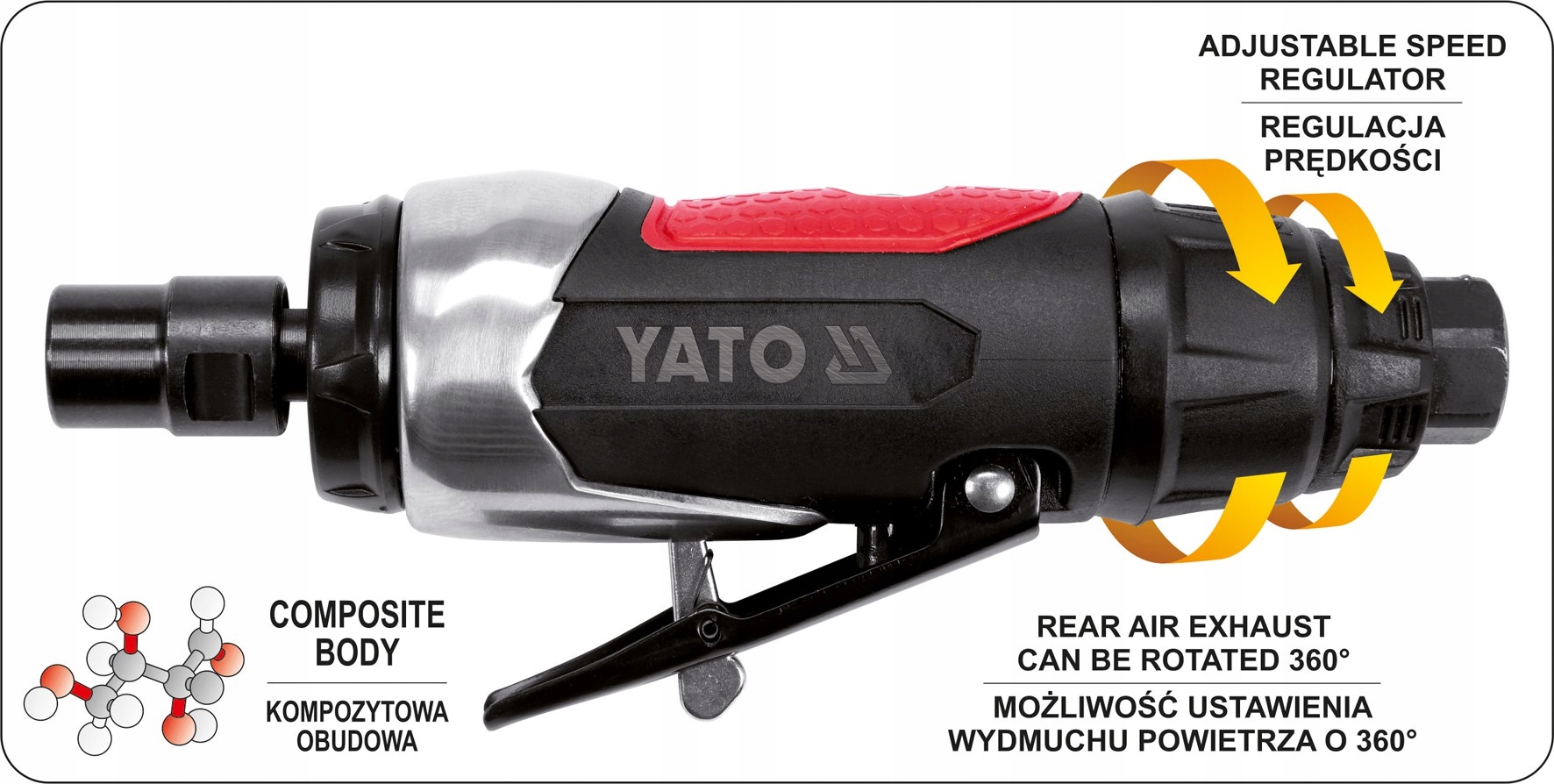 YATO SZLIFIERKA PROSTA PNEUMATYCZNA 6MM 1/4" REGULACJA PRĘDKOŚCI YT-09632