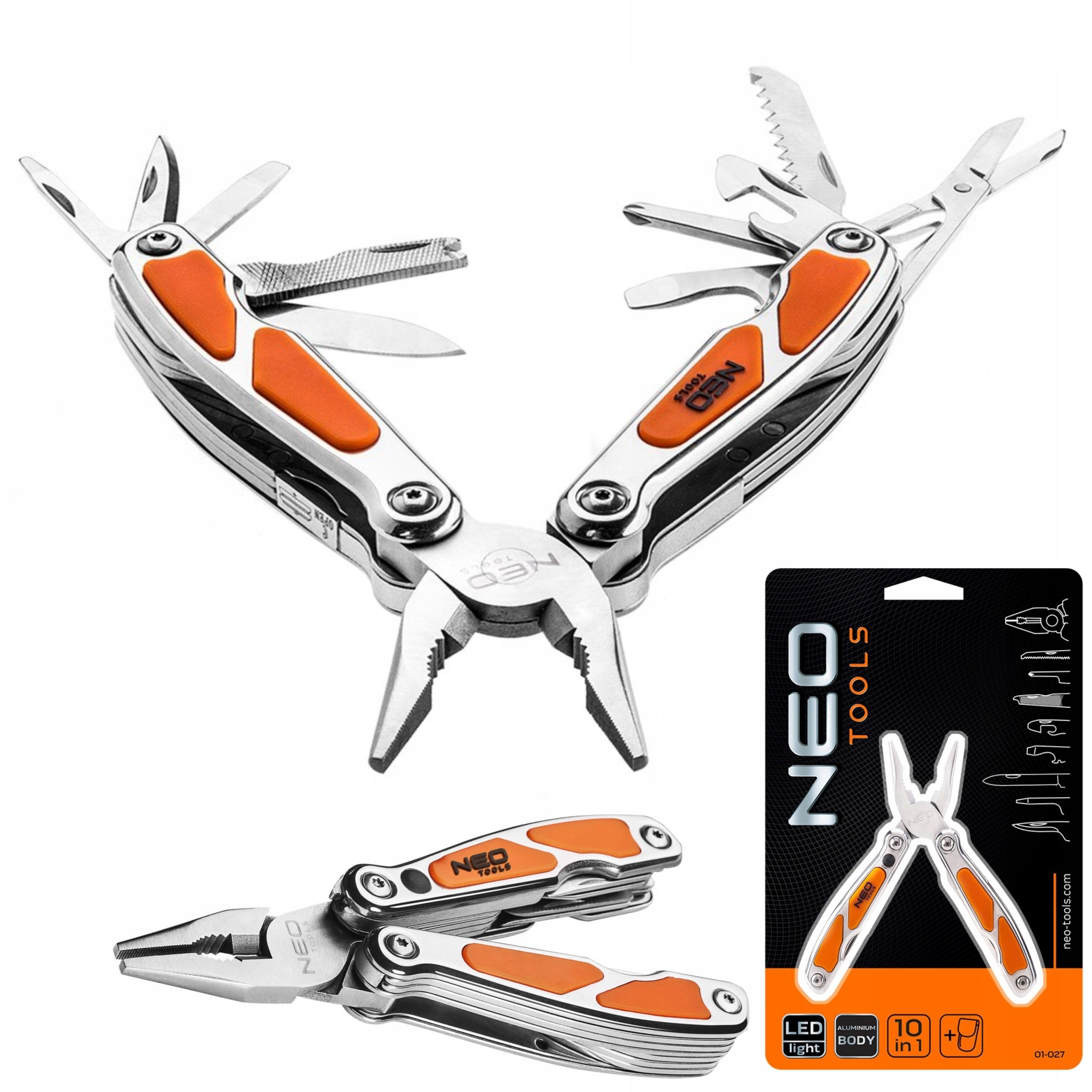 NEO MULTITOOL SCYZORYK NÓŻ SKŁADANY TURYSTYCZNY LATARKA LED 10 FUNKCJI MINI