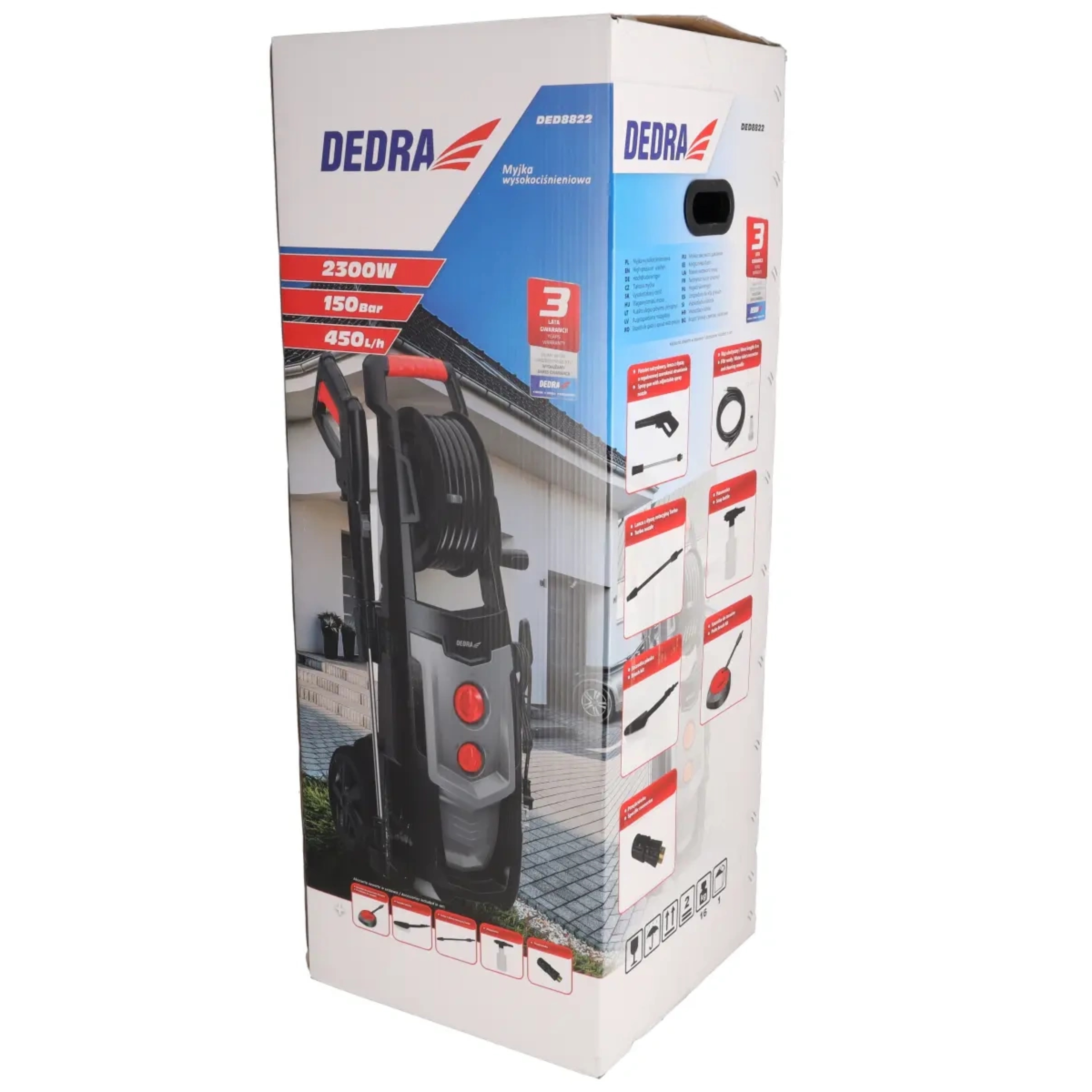 DEDRA DED8822 MYJKA WYSOKOCIŚNIENIOWA 150Bar 2300W 8m wąż +AKCESORIA 13el