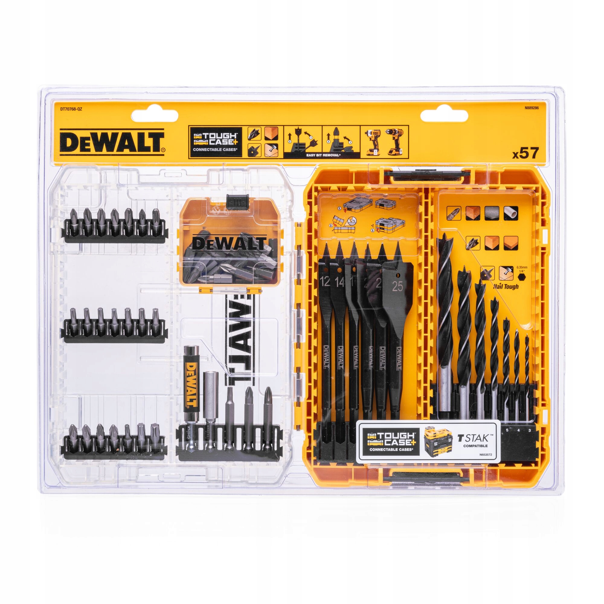 DeWALT ZESTAW 57 el DO WIERCENIA I WKRĘCANIA DO DREWNA BITY WIERTŁA DT70768