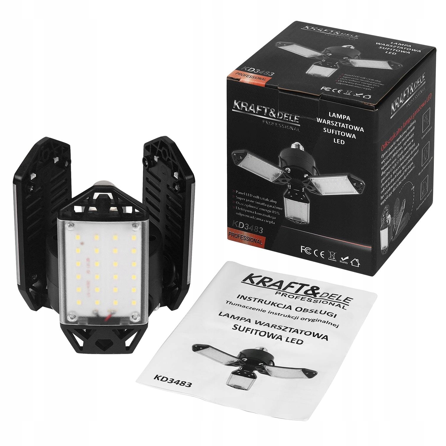 KRAFT&DELE LAMPA WARSZTATOWA LED SUFITOWA SKŁADANA 80W 8500LM KD3483