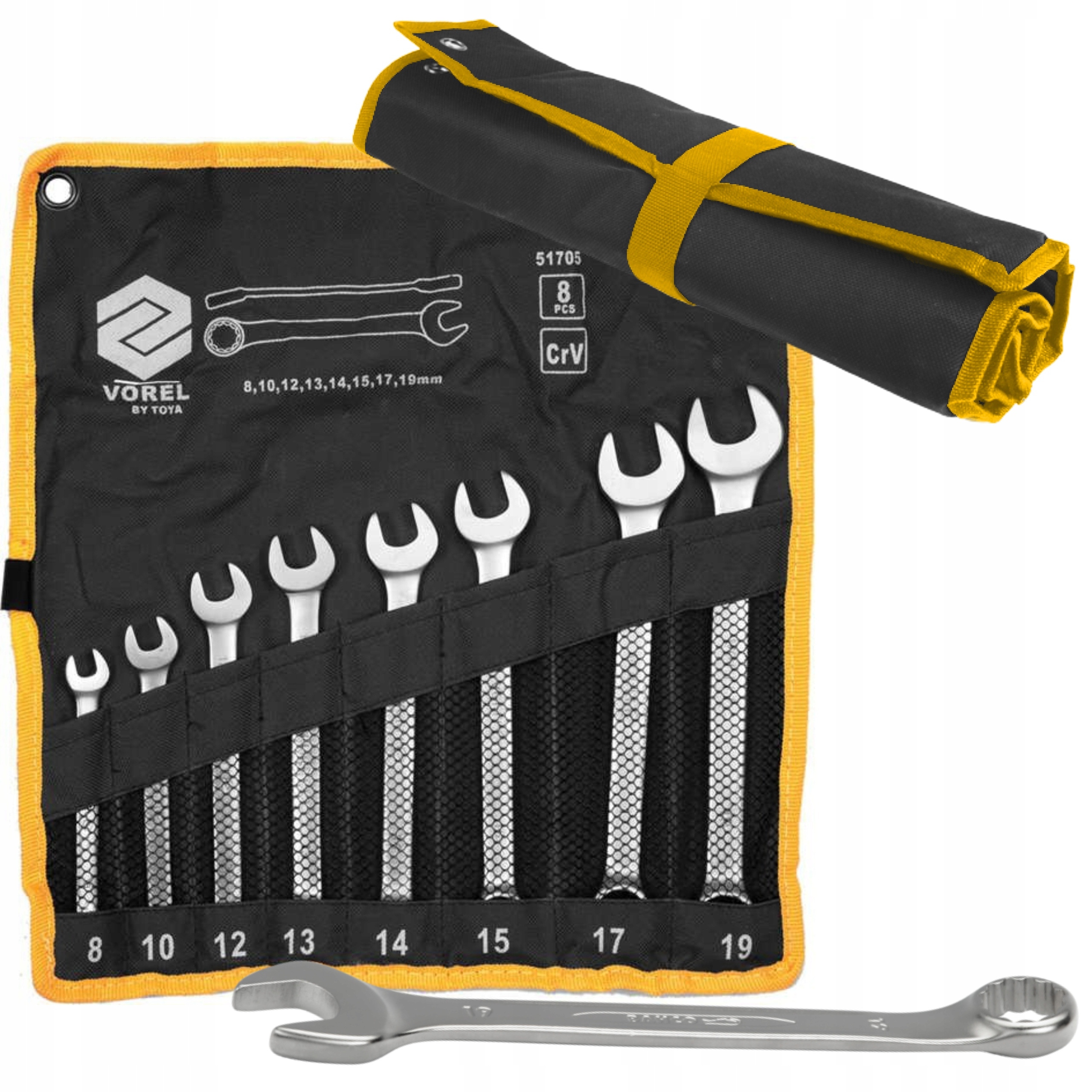 VOREL KOMPLET KLUCZE PŁASKO OCZKOWE CRV 8-19MM ZESTAW 8 SZTUK PŁACHTA 51705