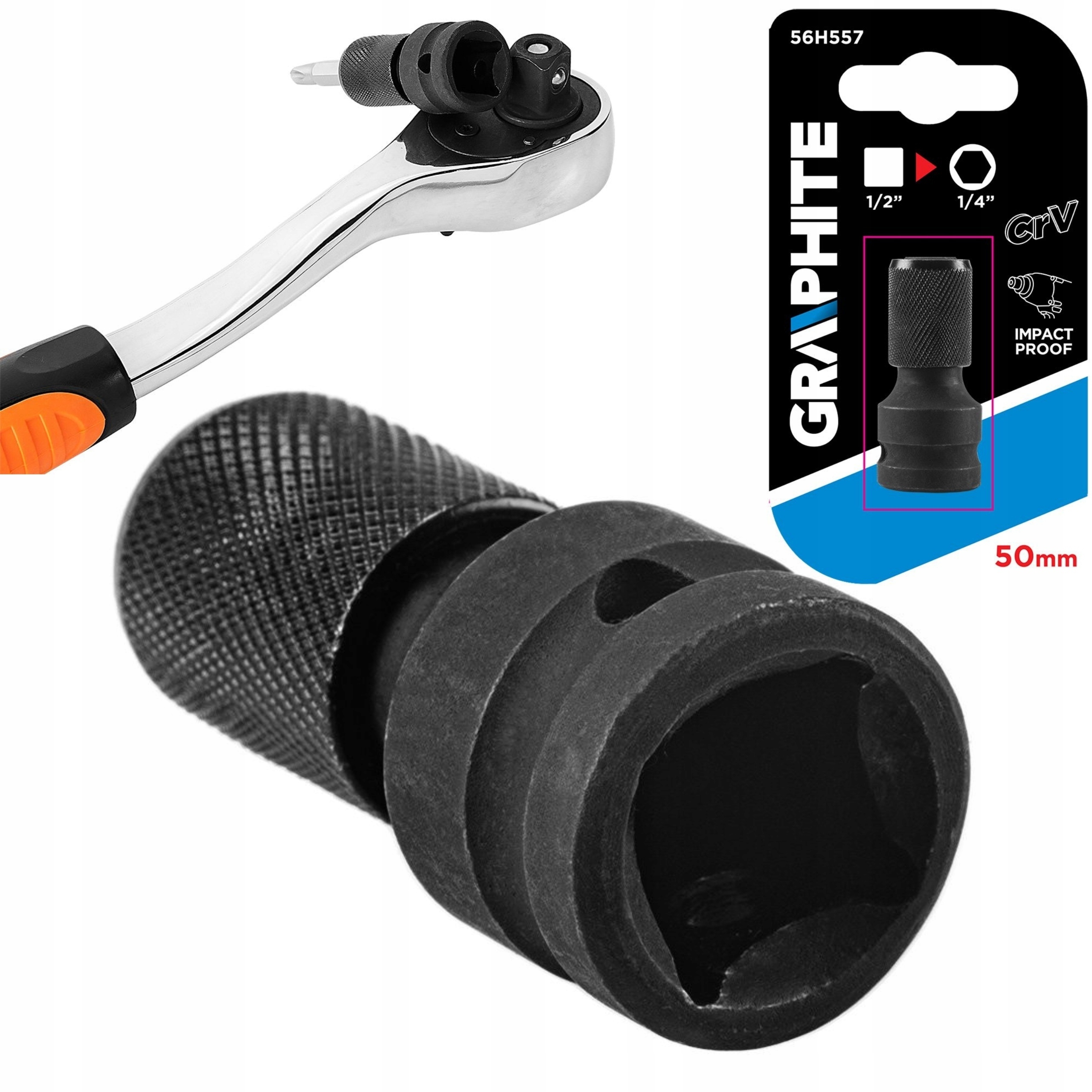 GRAPHITE ADAPTER UDAROWY Z 1/2" KWADRAT NA 1/4" HEX DŁUGOŚĆ 50 MM 56H557