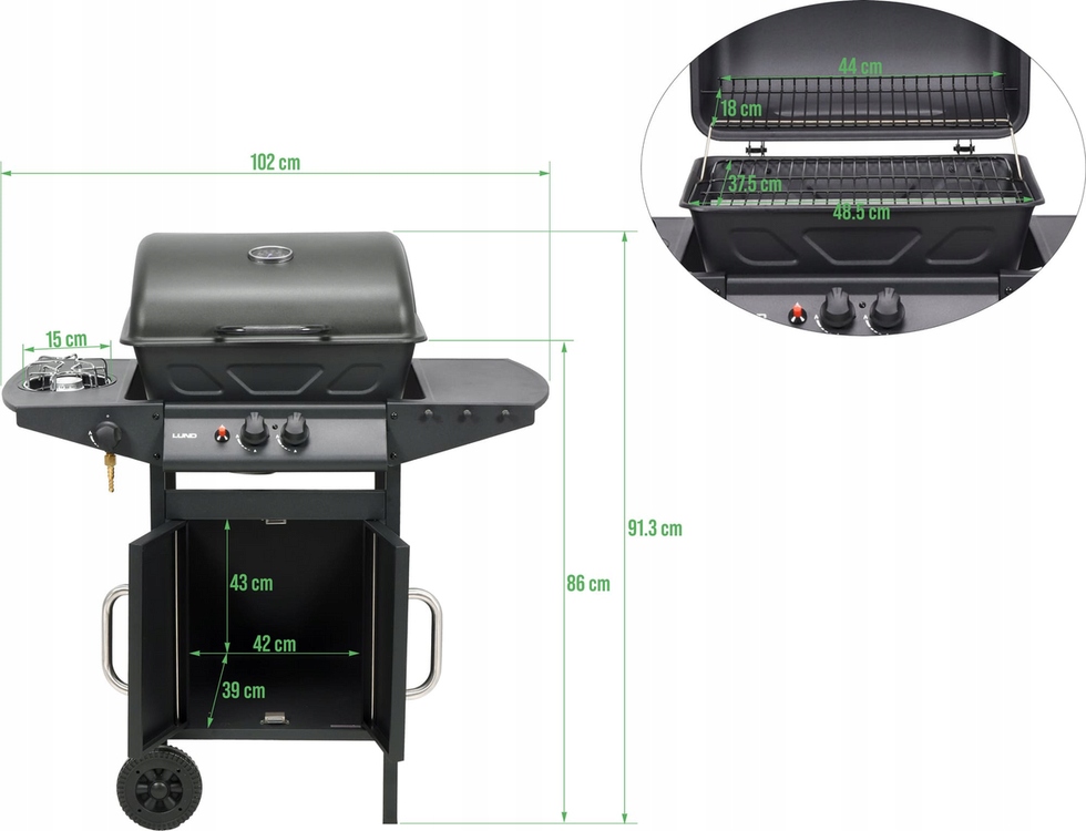 LUND GRILL GAZOWY OGRODOWY 2+1 8 KW PALNIK BOCZNY STALOWY RUSZT 99645