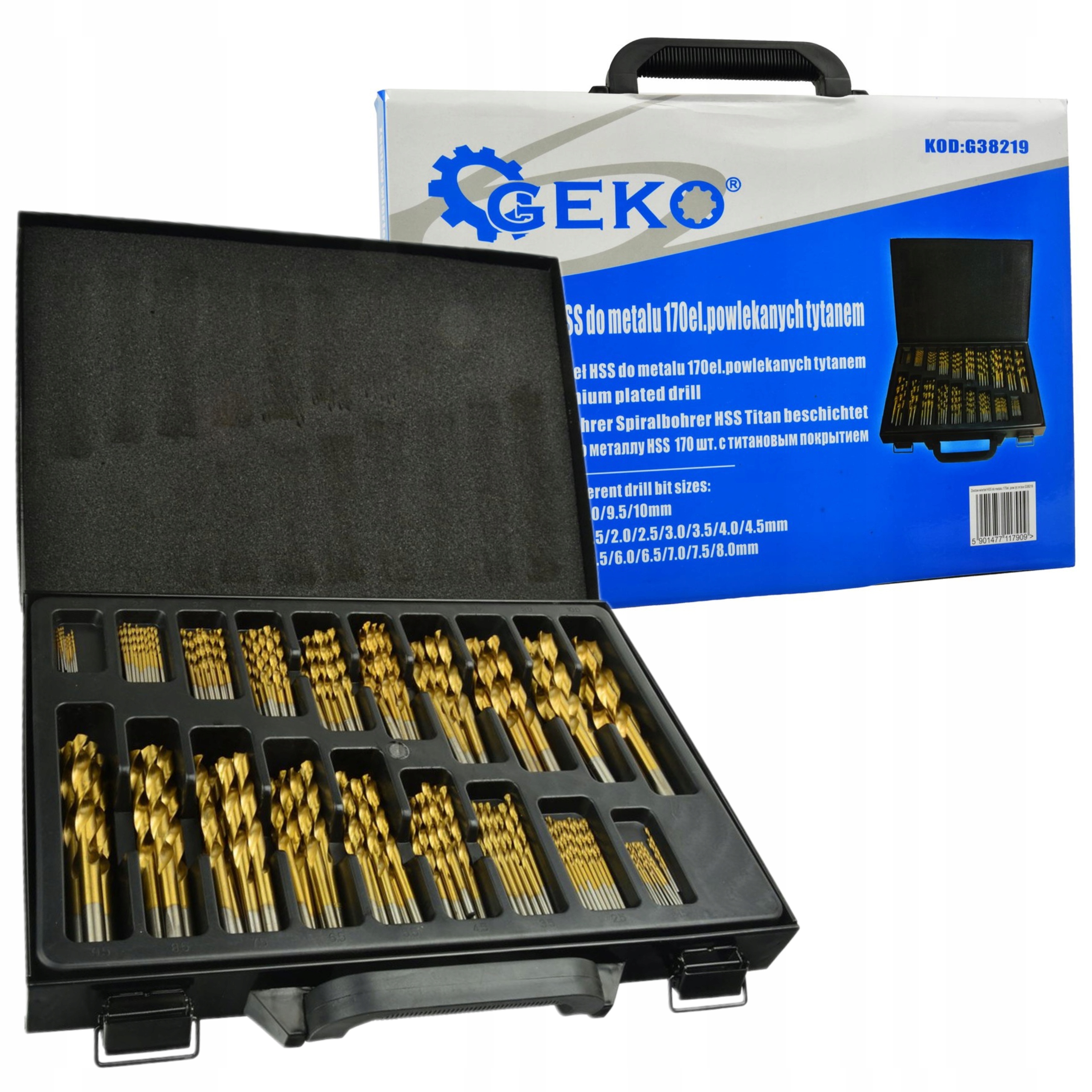 GEKO ZESTAW KOMPLET 170 SZTUK WIERTEŁ HSS TIN DO METALU WALIZKA G38219