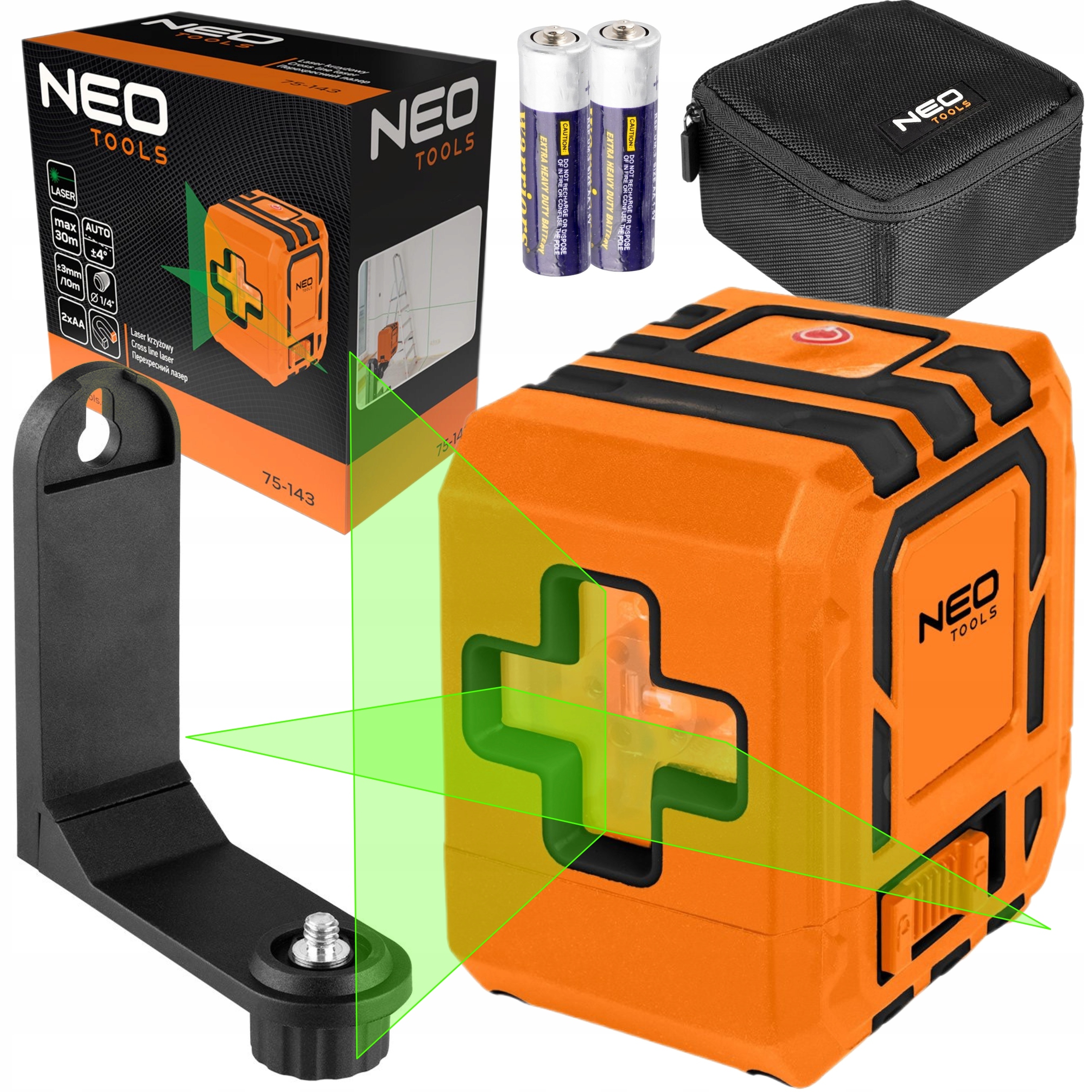 NEO LASER KRZYŻOWY SAMOPOZIOMUJACY 30M ETUI UCHWYT POZIOMICA ZIELONY 75-143